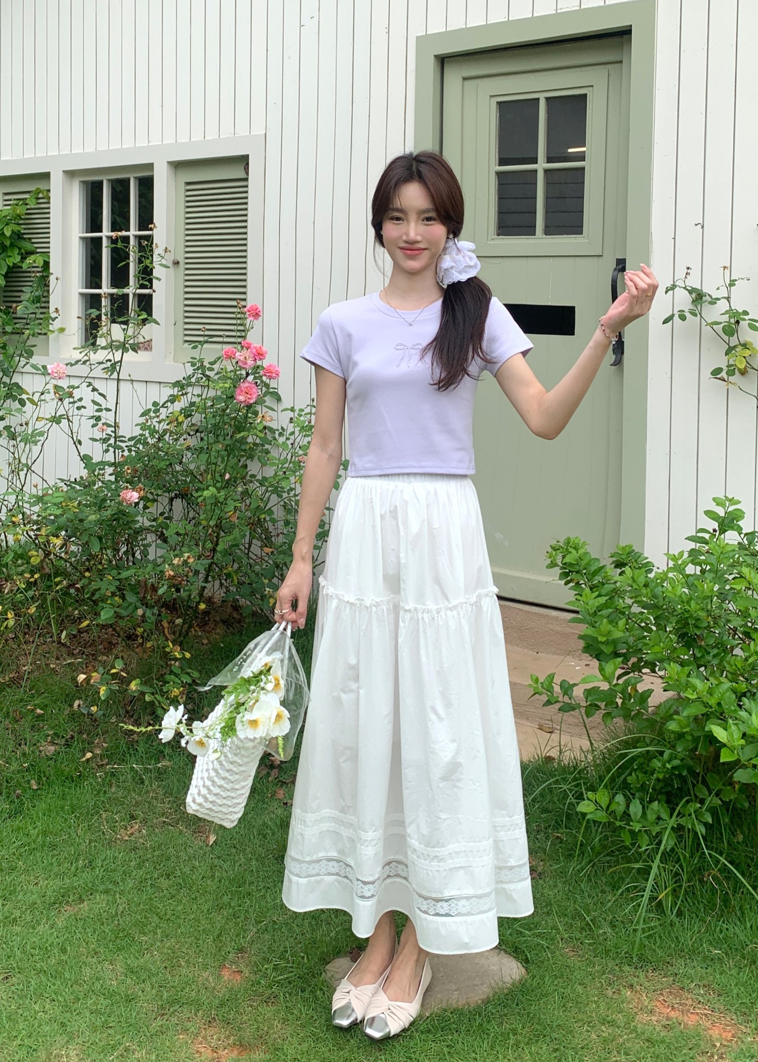 Lacey Flare Long Skirt in White
