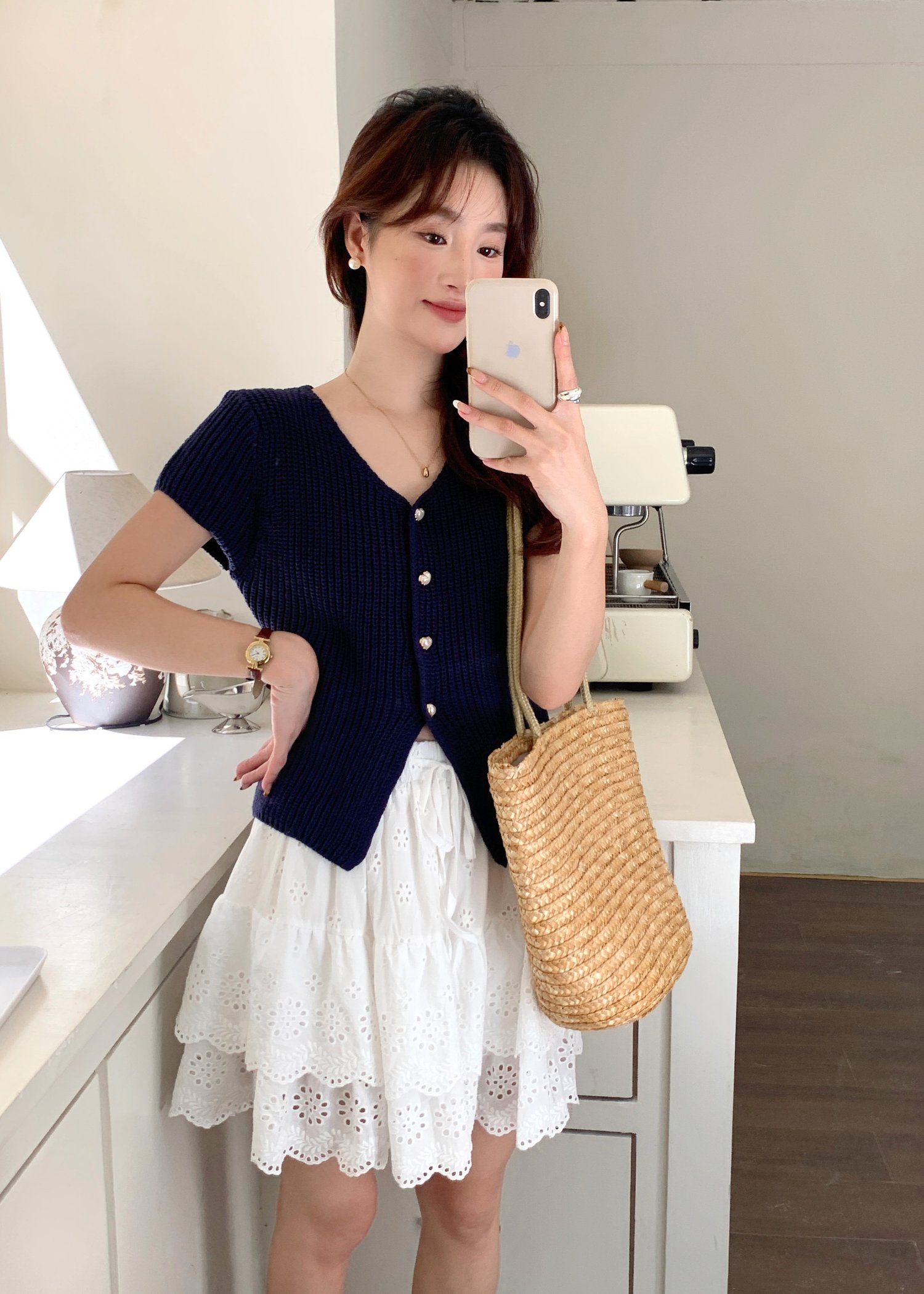 (DEFECT) Lola Hearty Buttoned Knit Top in Navy Blue