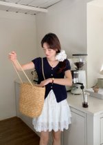 (DEFECT) Lola Hearty Buttoned Knit Top in Navy Blue