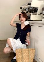 (DEFECT) Lola Hearty Buttoned Knit Top in Navy Blue