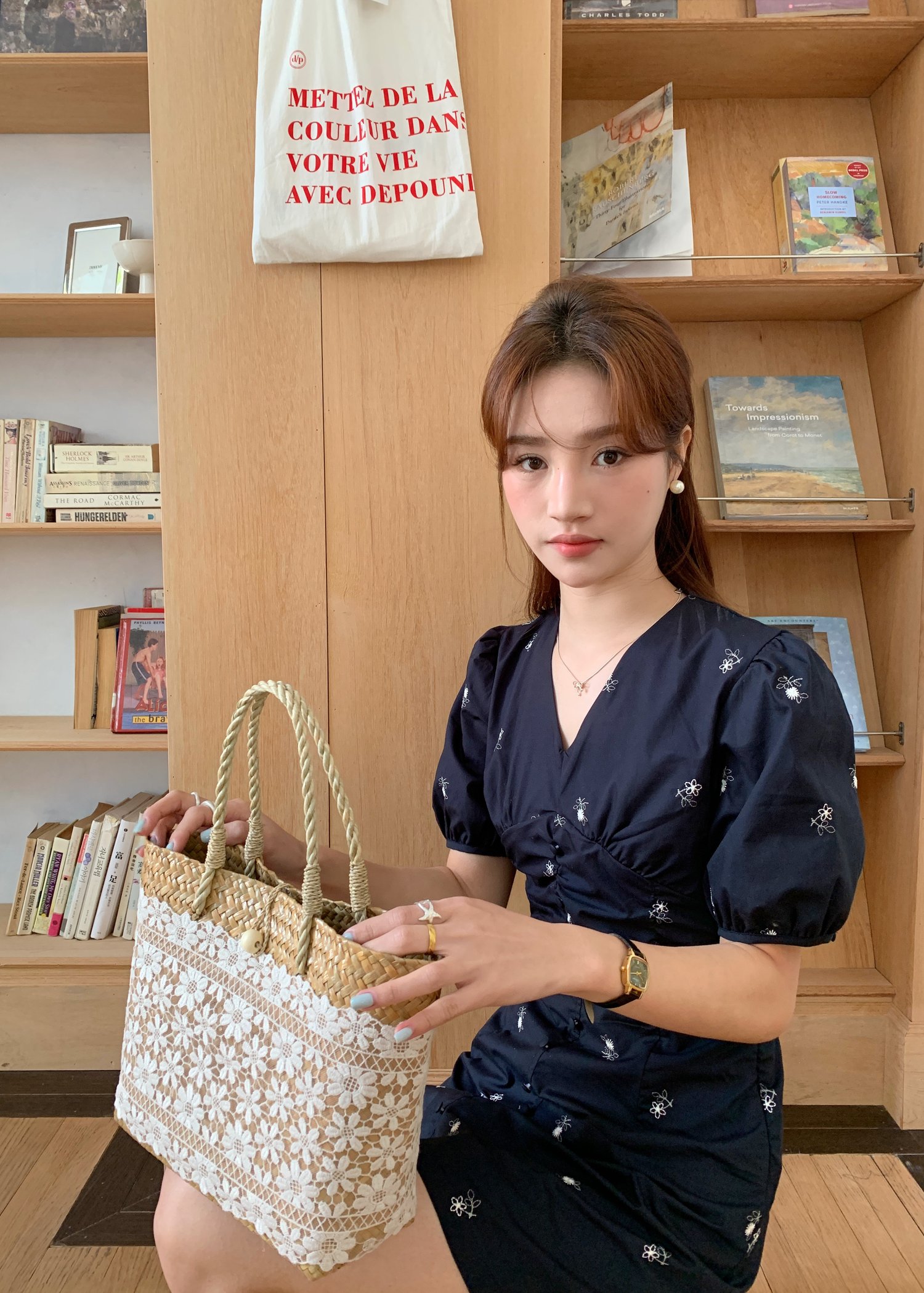 Clara Embroidery Floral Dress in Dark Navy Blue