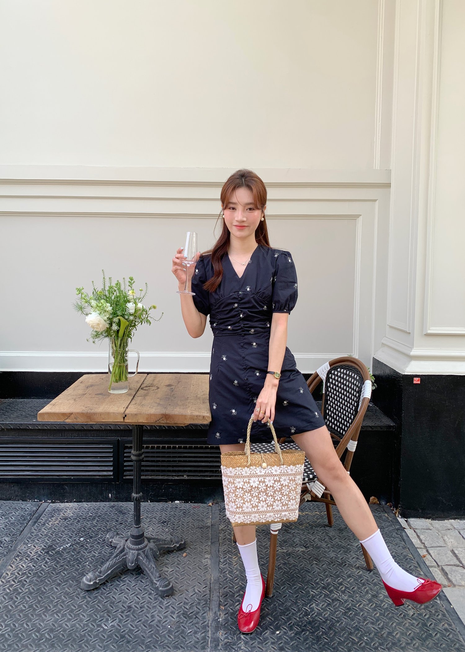 Clara Embroidery Floral Dress in Dark Navy Blue