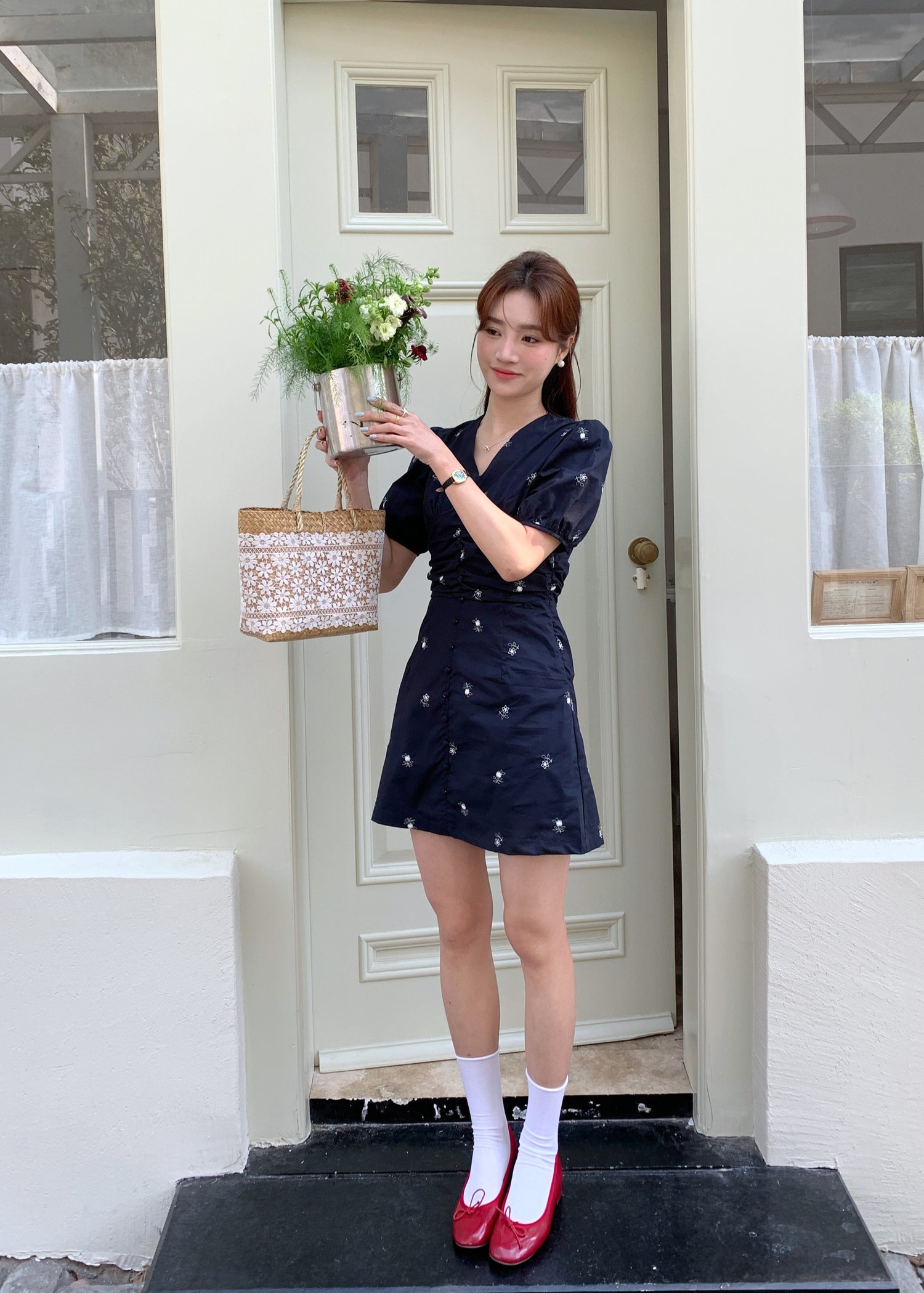 Clara Embroidery Floral Dress in Dark Navy Blue