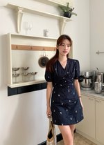 Clara Embroidery Floral Dress in Dark Navy Blue
