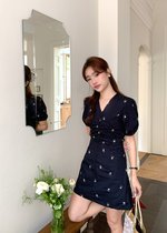Clara Embroidery Floral Dress in Dark Navy Blue