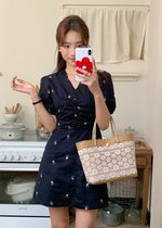 Clara Embroidery Floral Dress in Dark Navy Blue