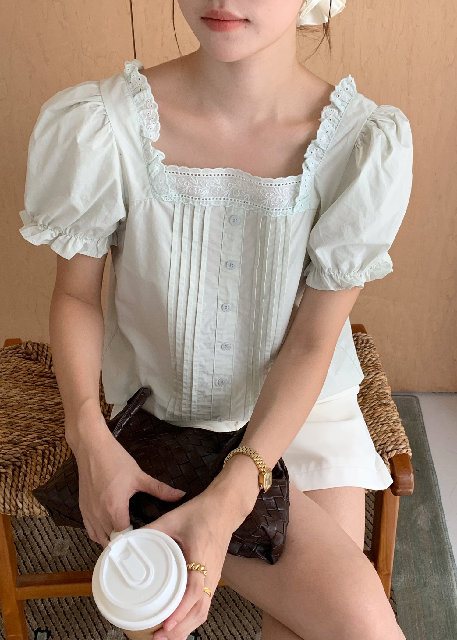 (DEFECT) Hannah Garden Lacey Top in Milk Green