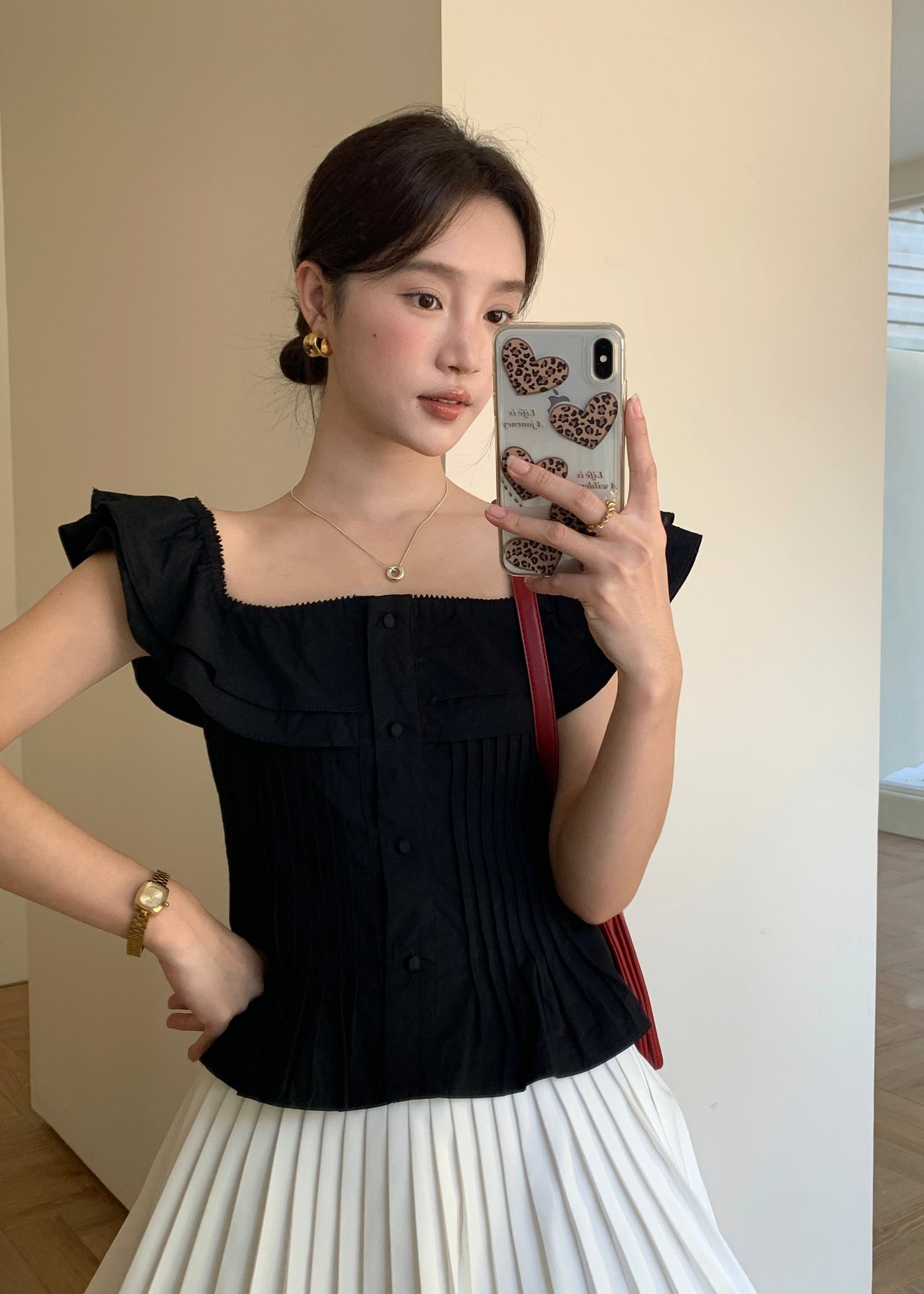 Lana Ruffle Pleated Top in Black