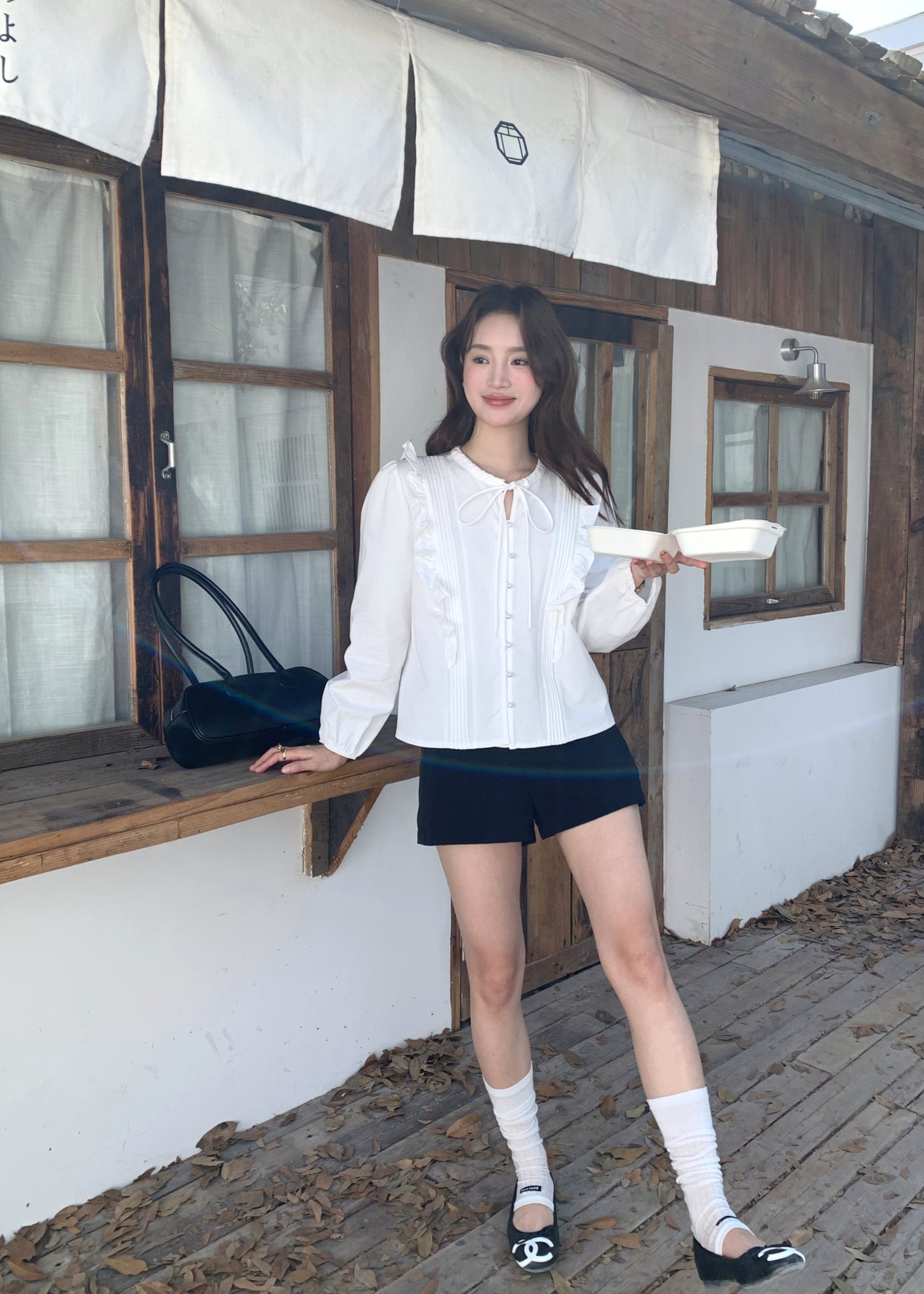 Amelia Ribbon Pleated Blouse in White