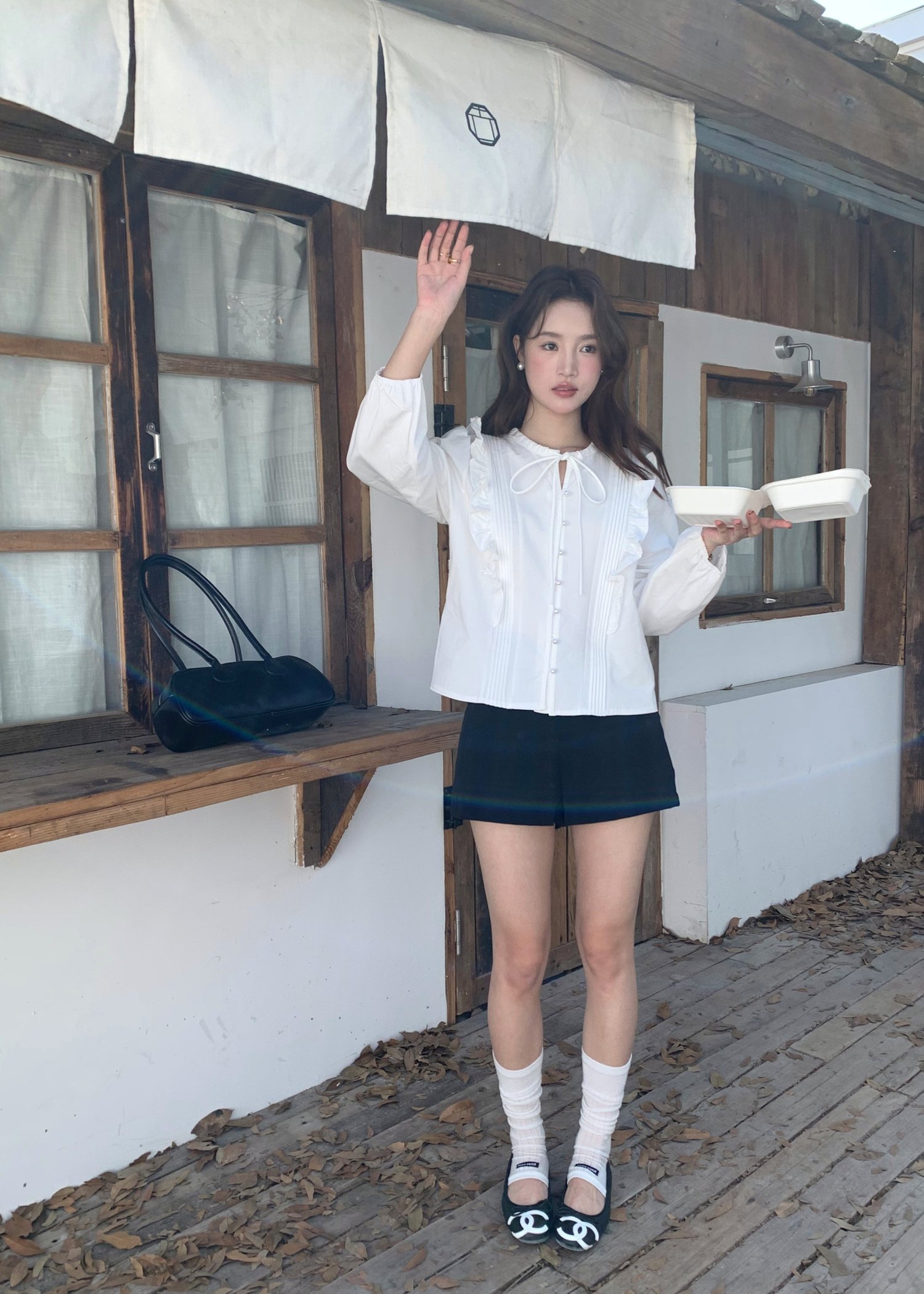 Amelia Ribbon Pleated Blouse in White