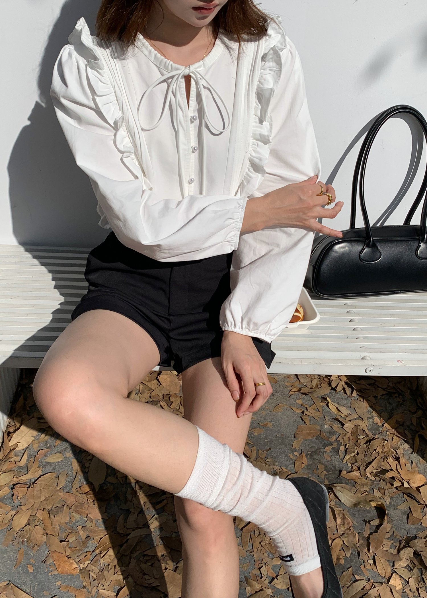 Amelia Ribbon Pleated Blouse in White