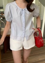 (DEFECT) Carine Lacey Pearl Buttoned Blouse in Blue