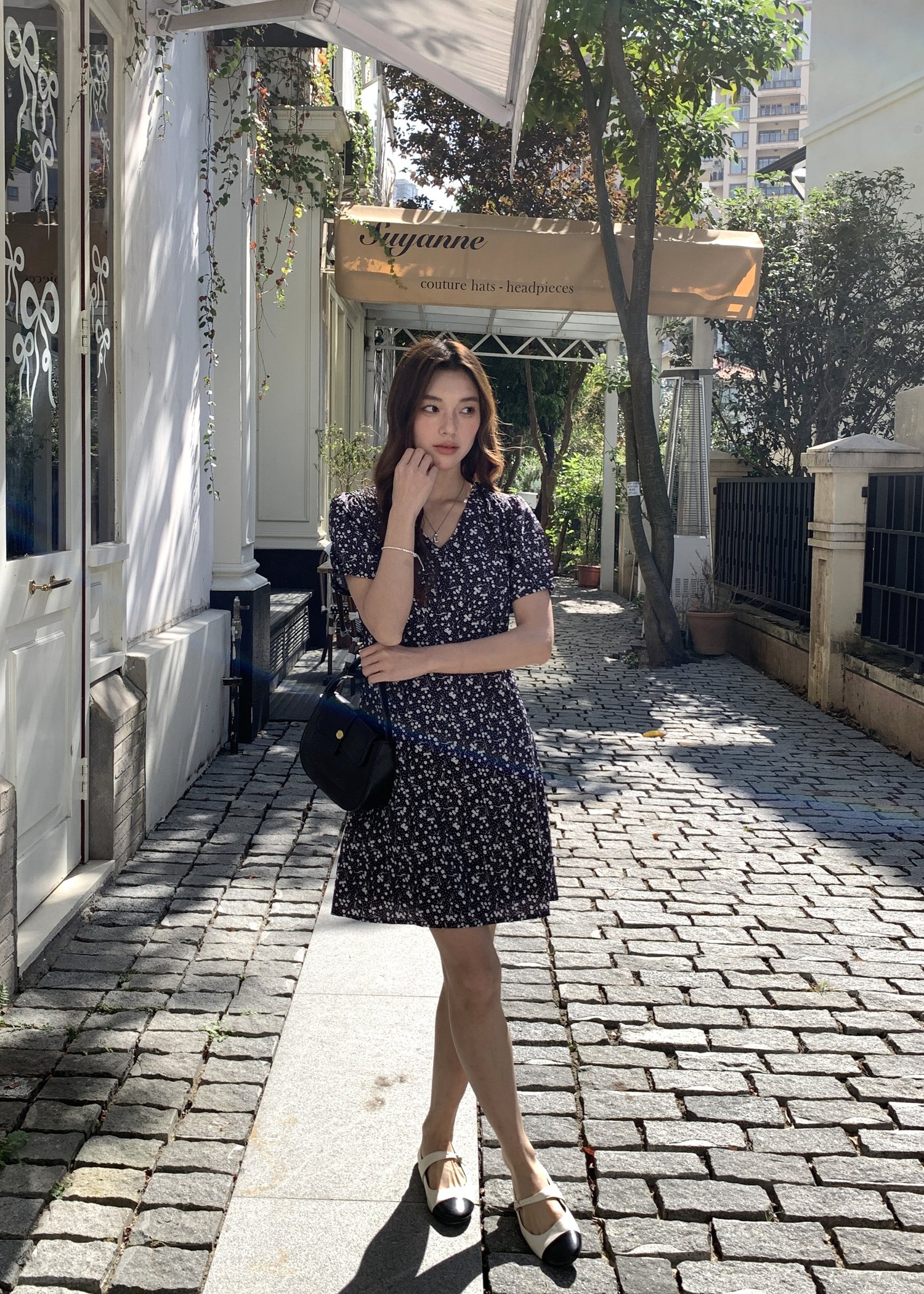 Le' Reve Floral Mini Dress in Black