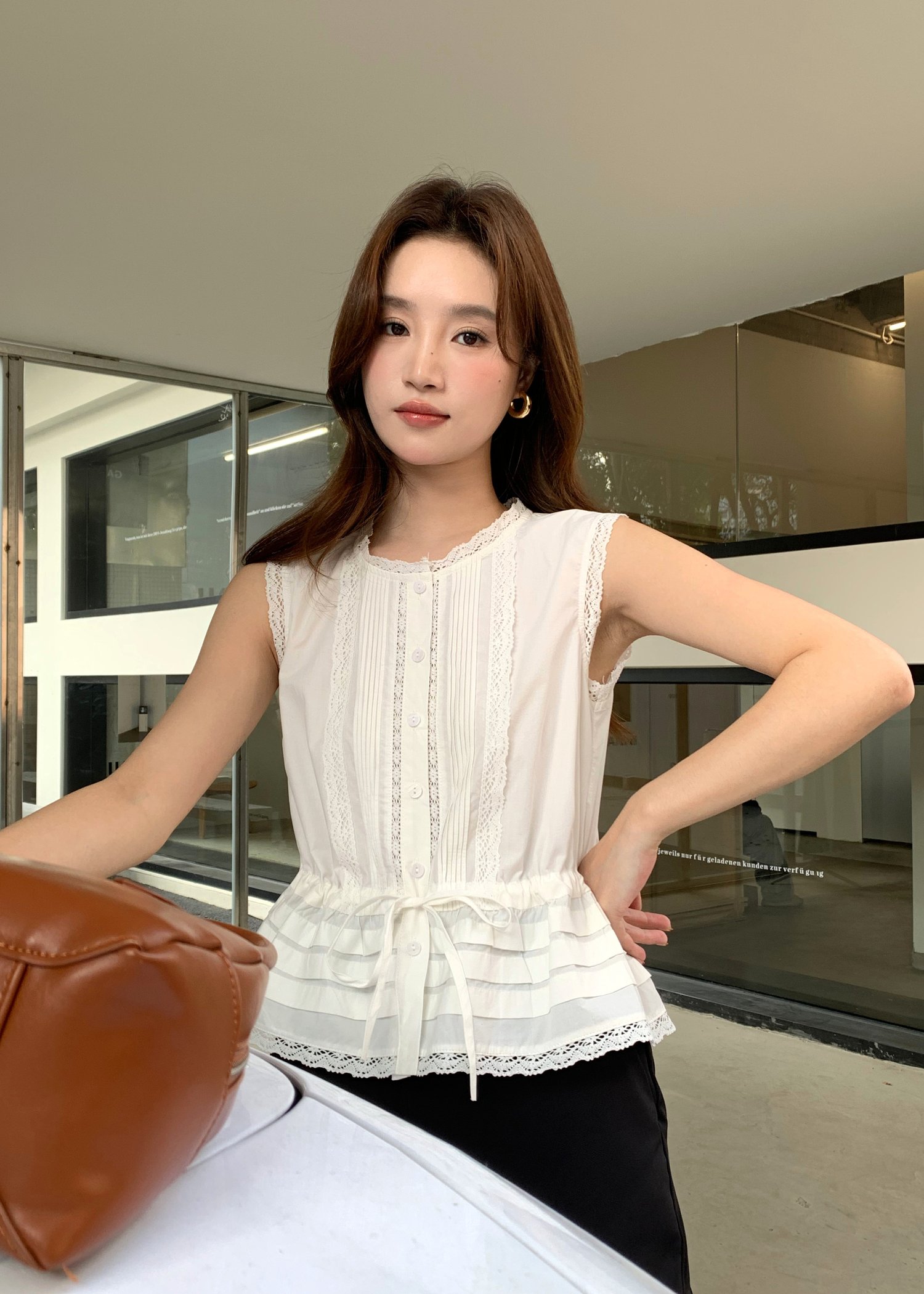 Arine Lacey Pleated Blouse in White