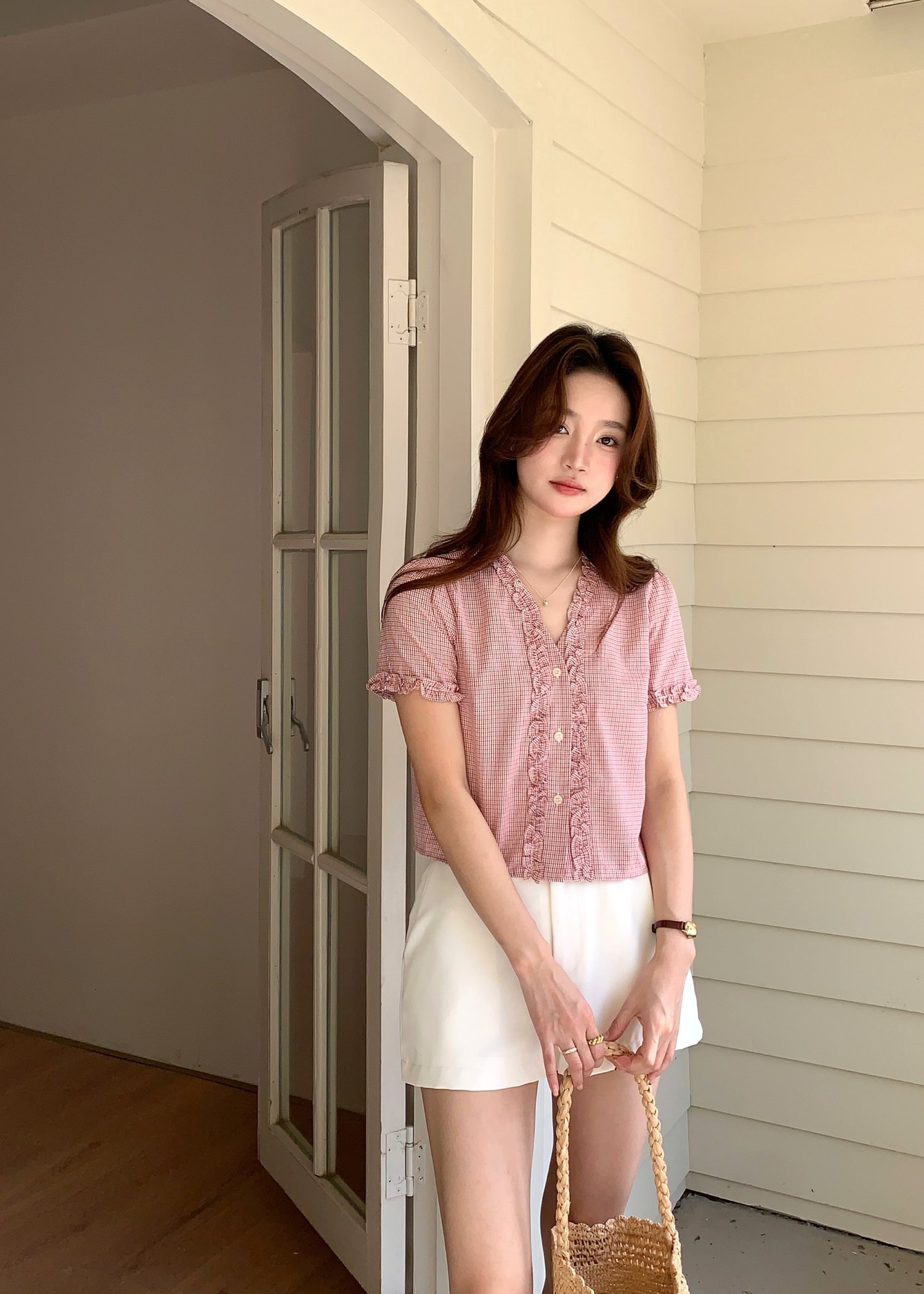 Leyra Checkered Ruffles Top in Red