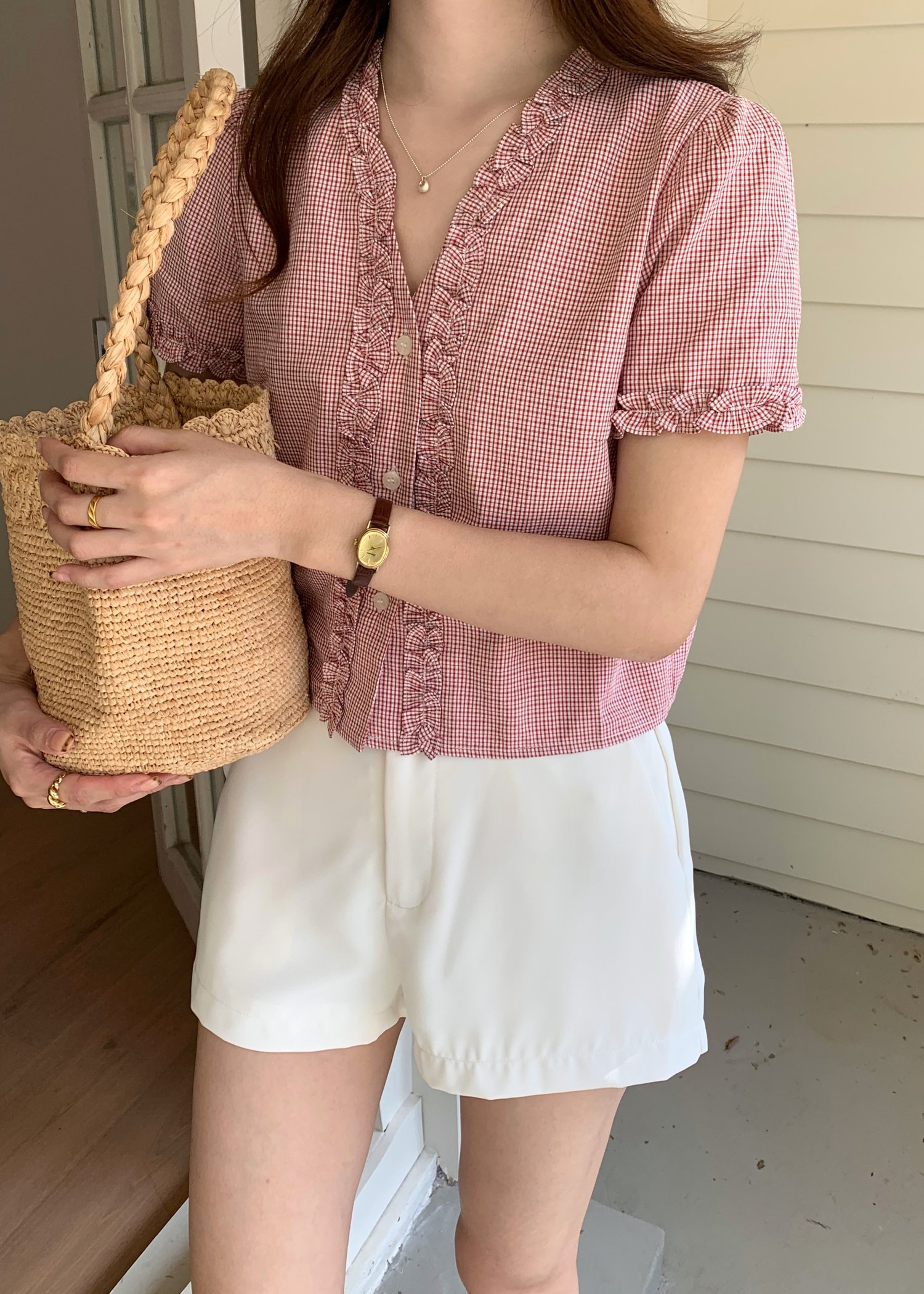 Leyra Checkered Ruffles Top in Red