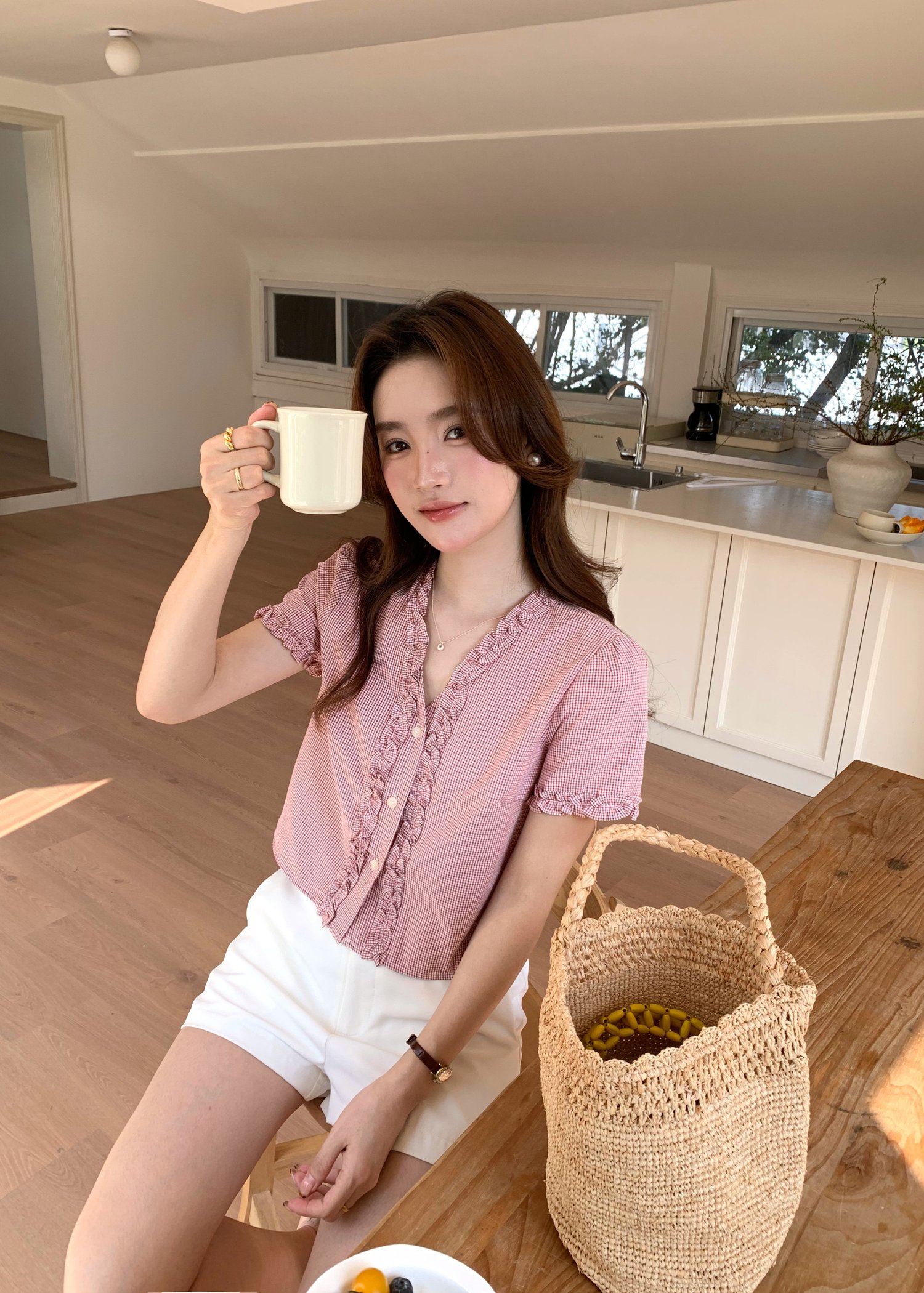 Leyra Checkered Ruffles Top in Red