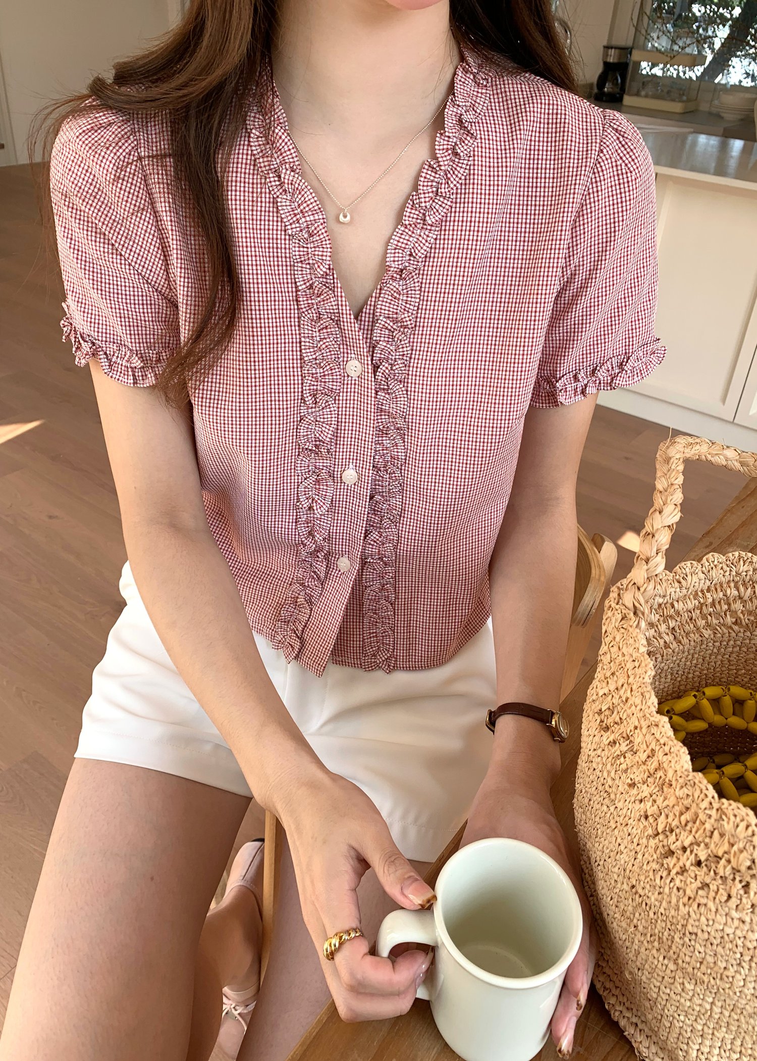 Leyra Checkered Ruffles Top in Red