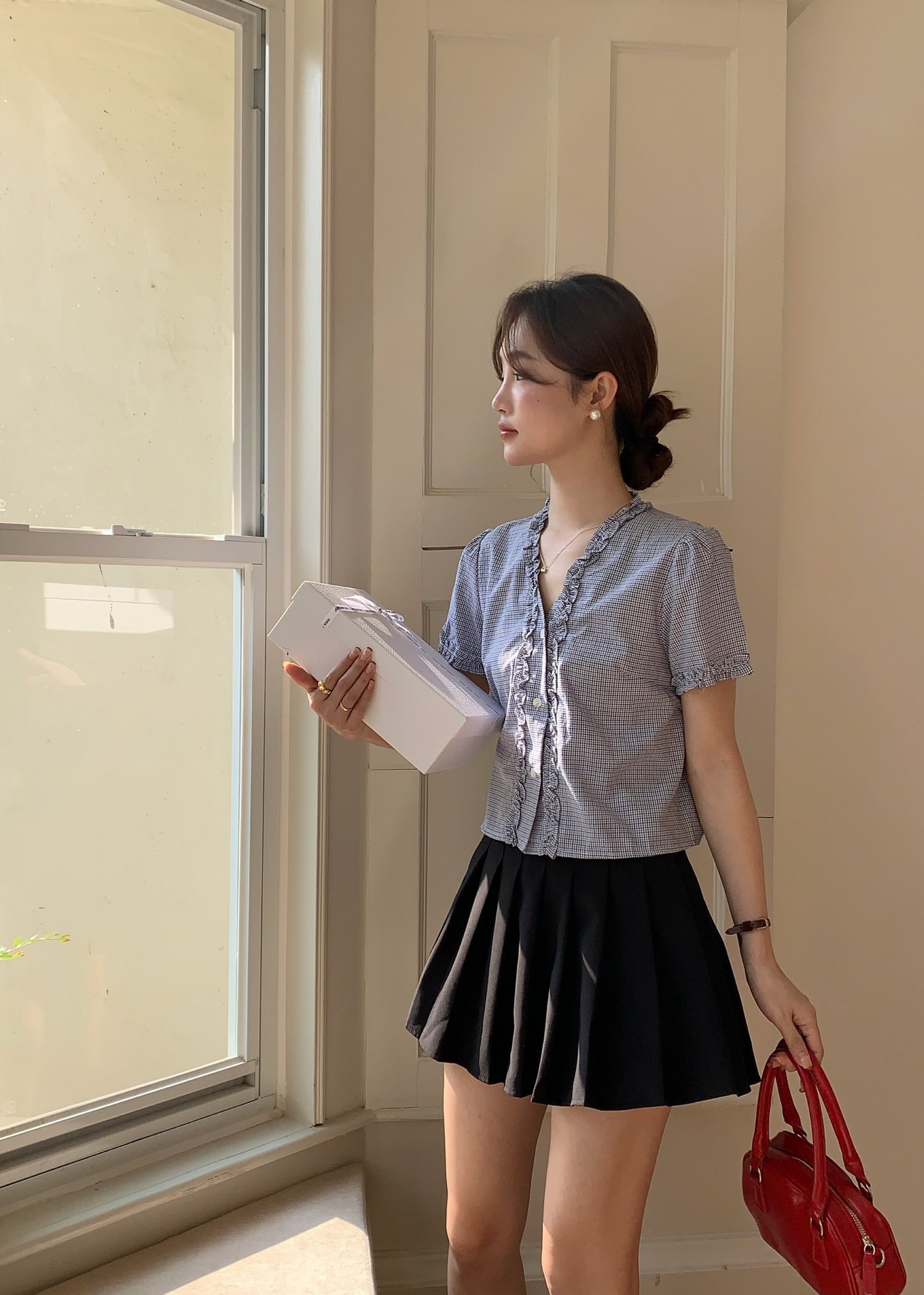 Leyra Checkered Ruffles Top in Blue