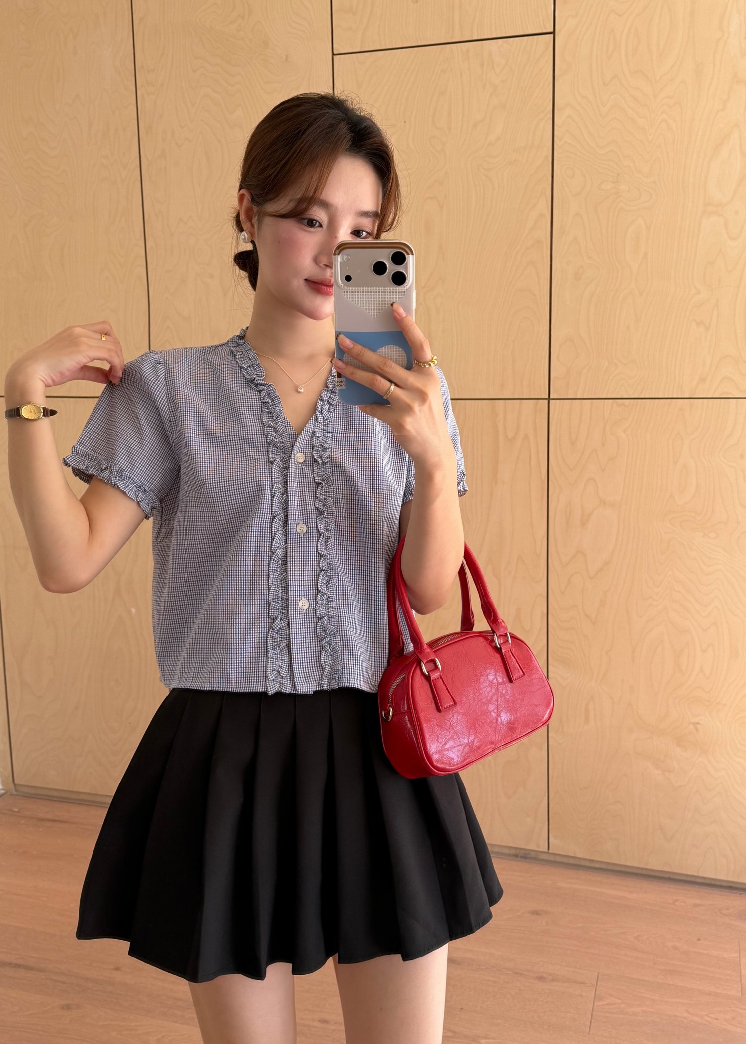 Leyra Checkered Ruffles Top in Blue