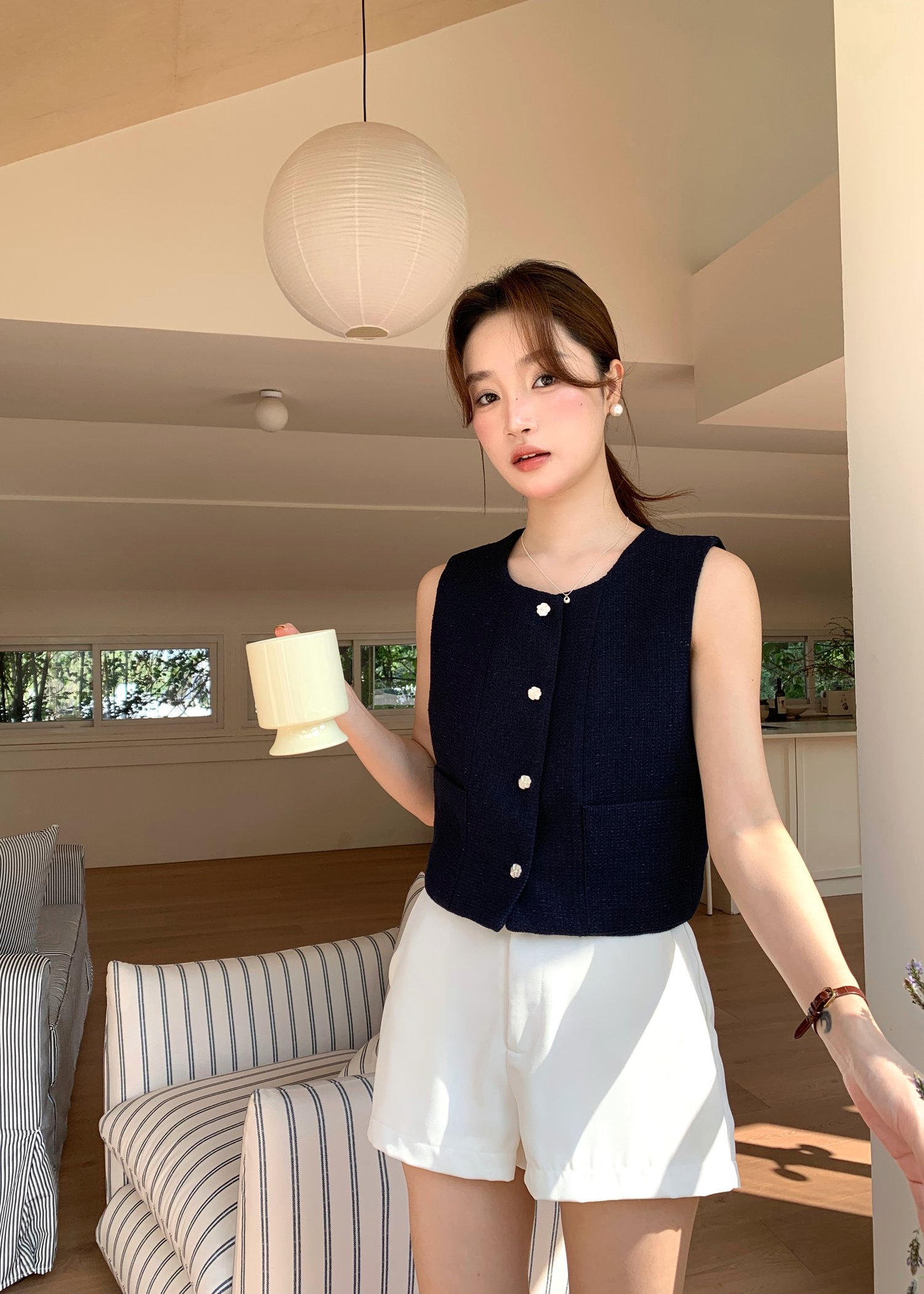 Estelle Tweed Top in Navy Blue