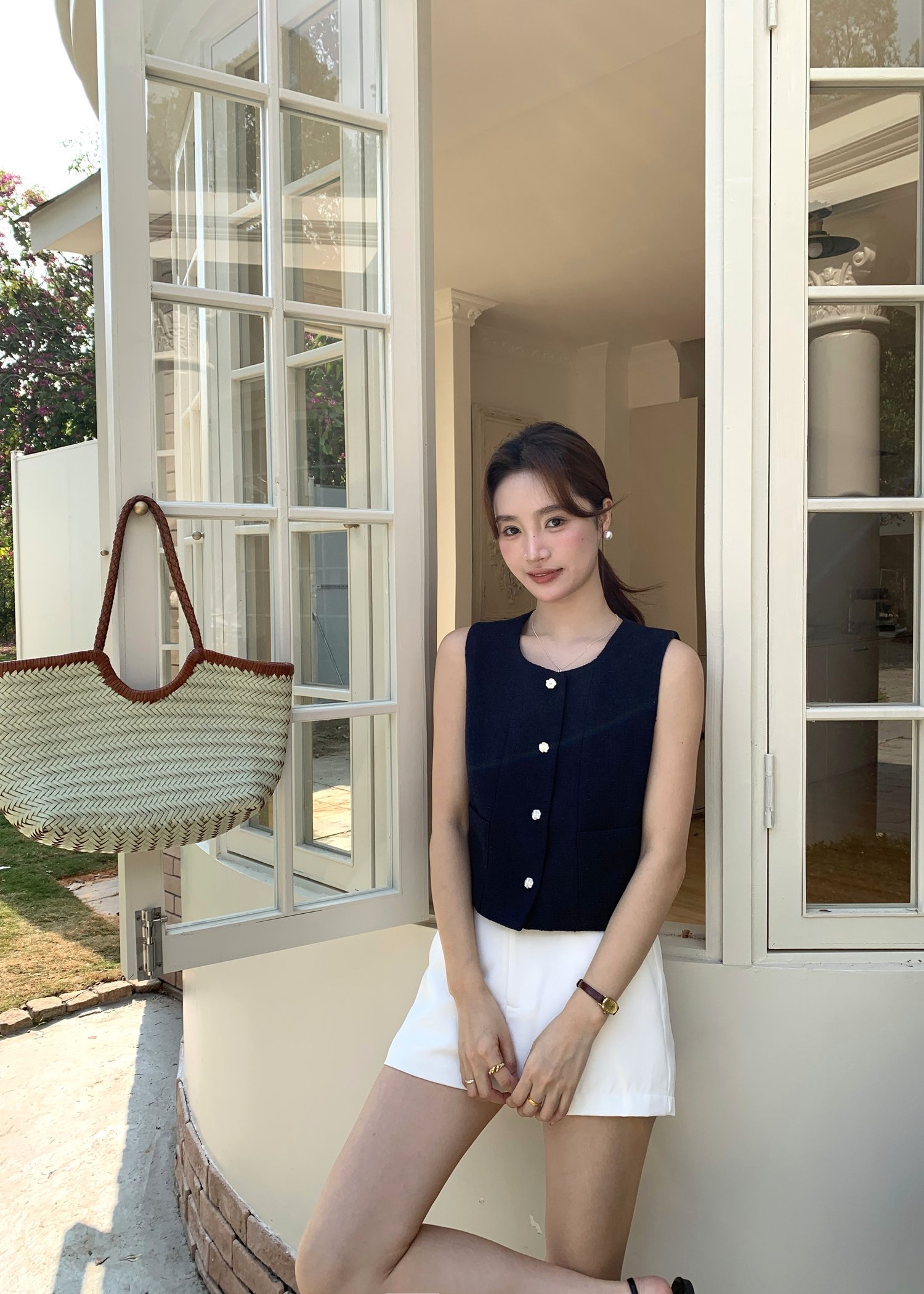 Estelle Tweed Top in Navy Blue