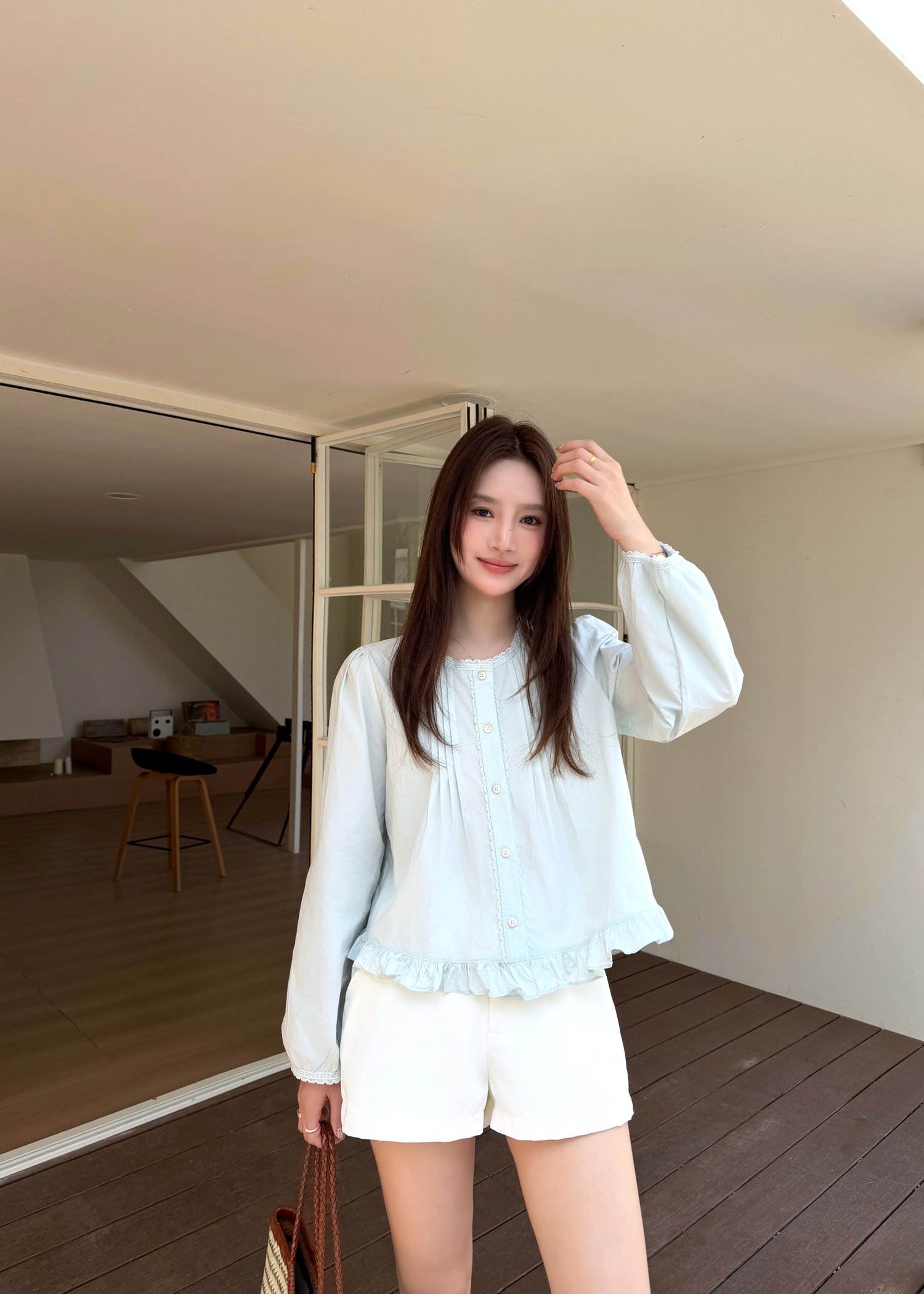 Serene Lacey Pleated Blouse in Baby Green