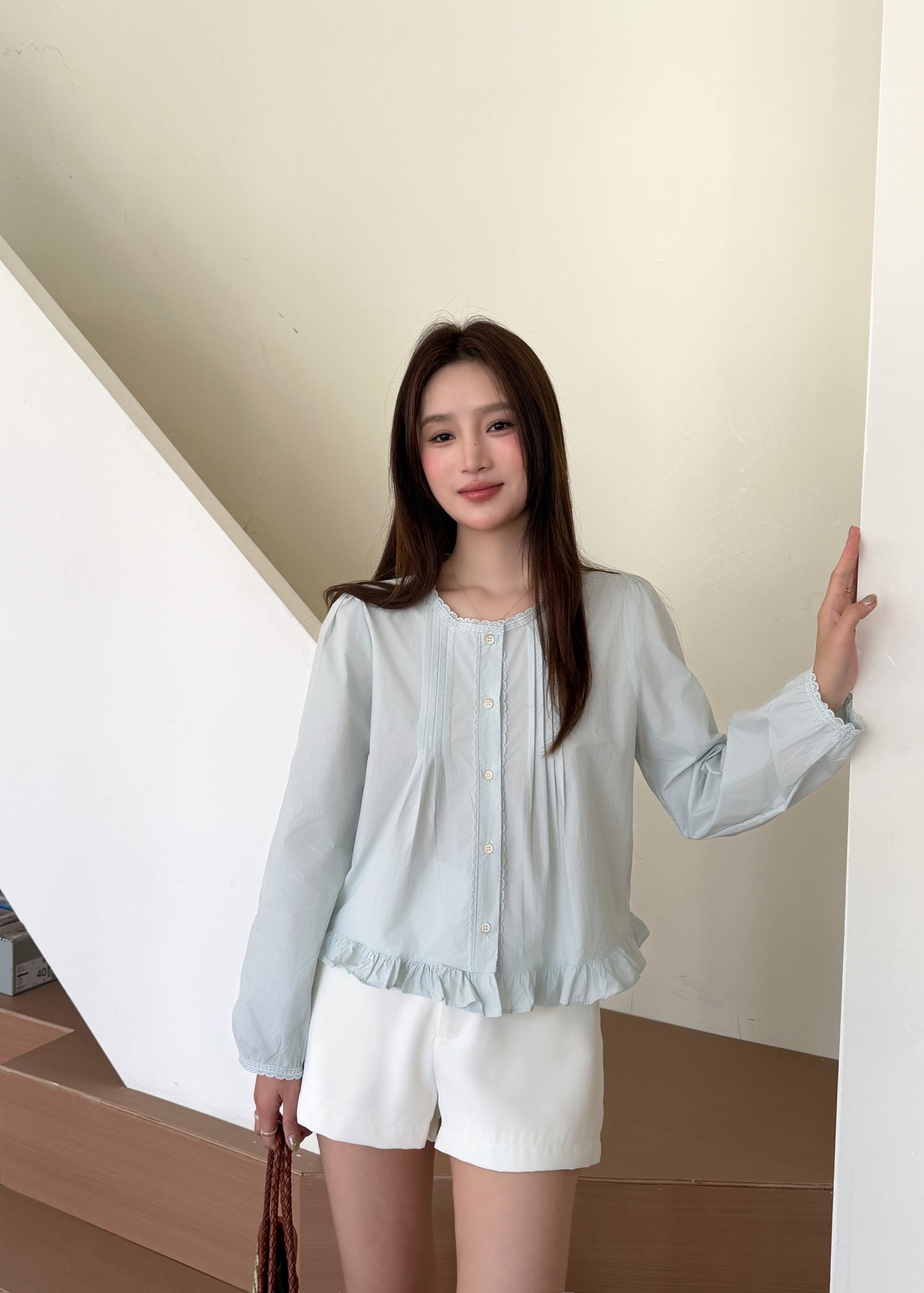 Serene Lacey Pleated Blouse in Baby Green