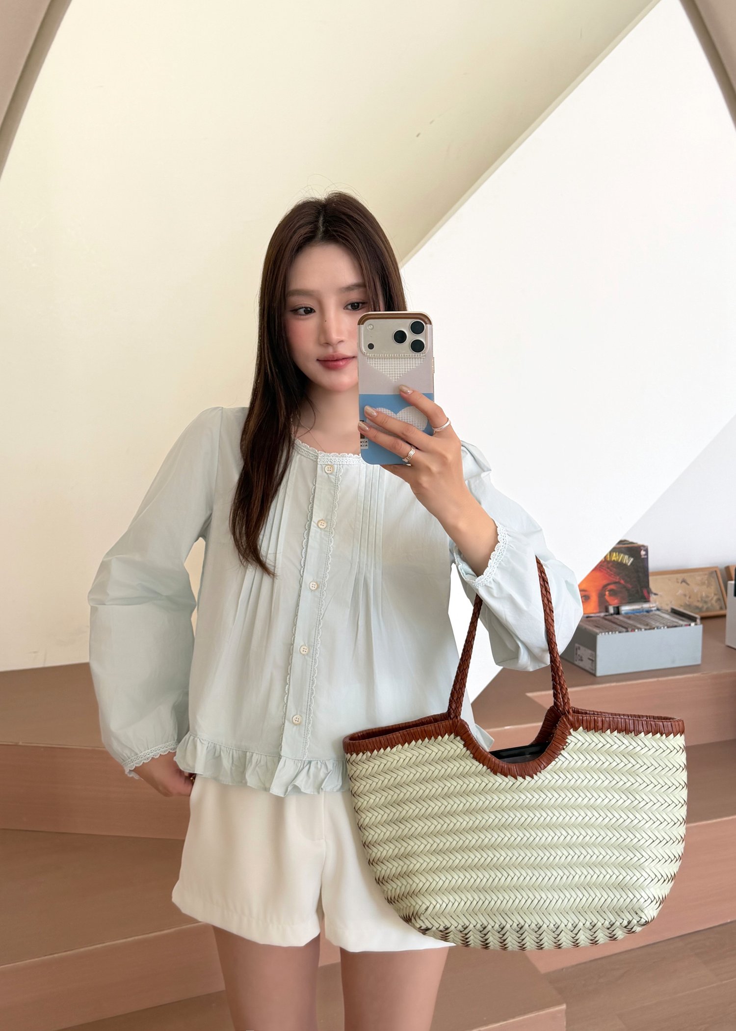 Serene Lacey Pleated Blouse in Baby Green