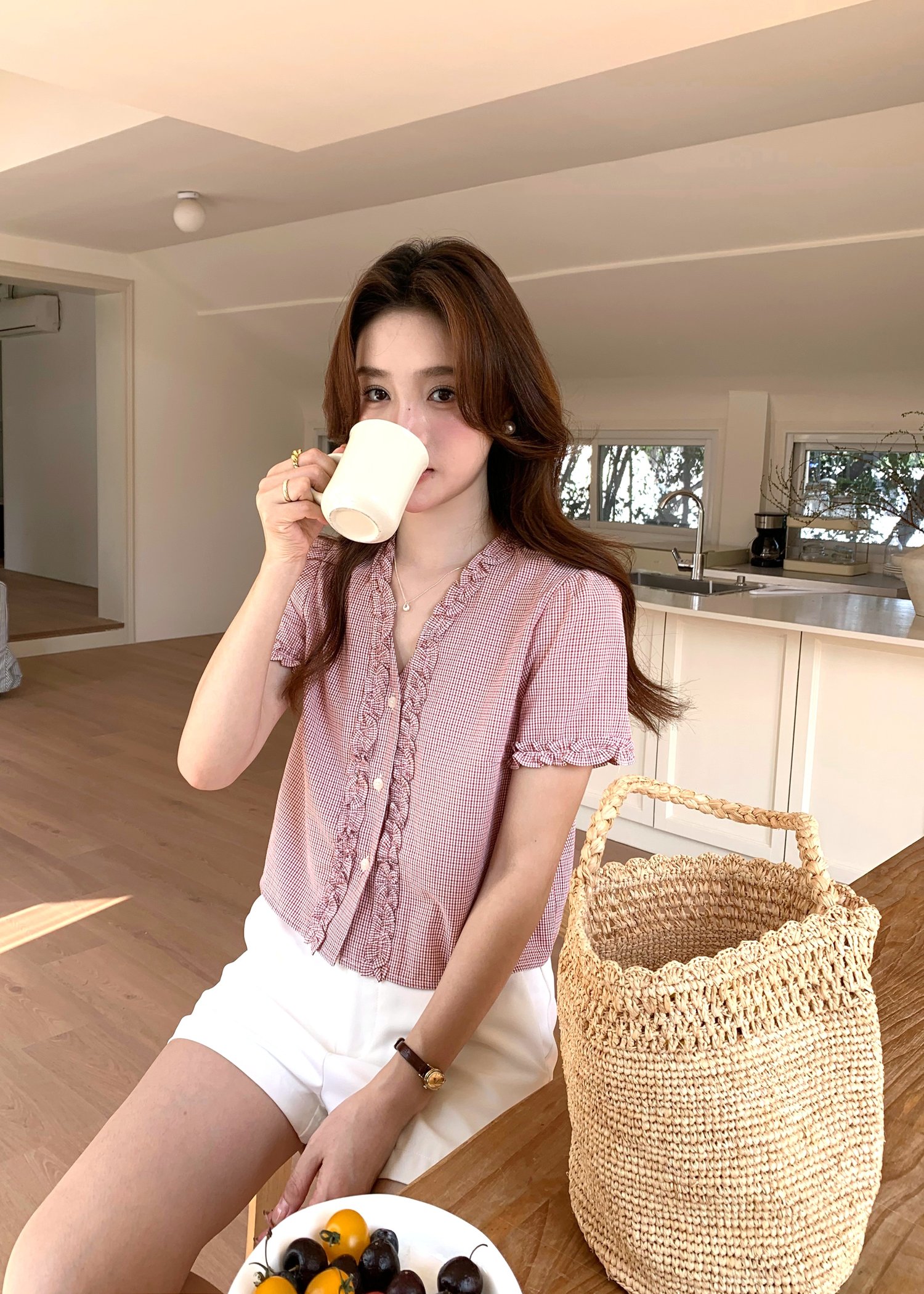 Leyra Checkered Ruffles Top in Red