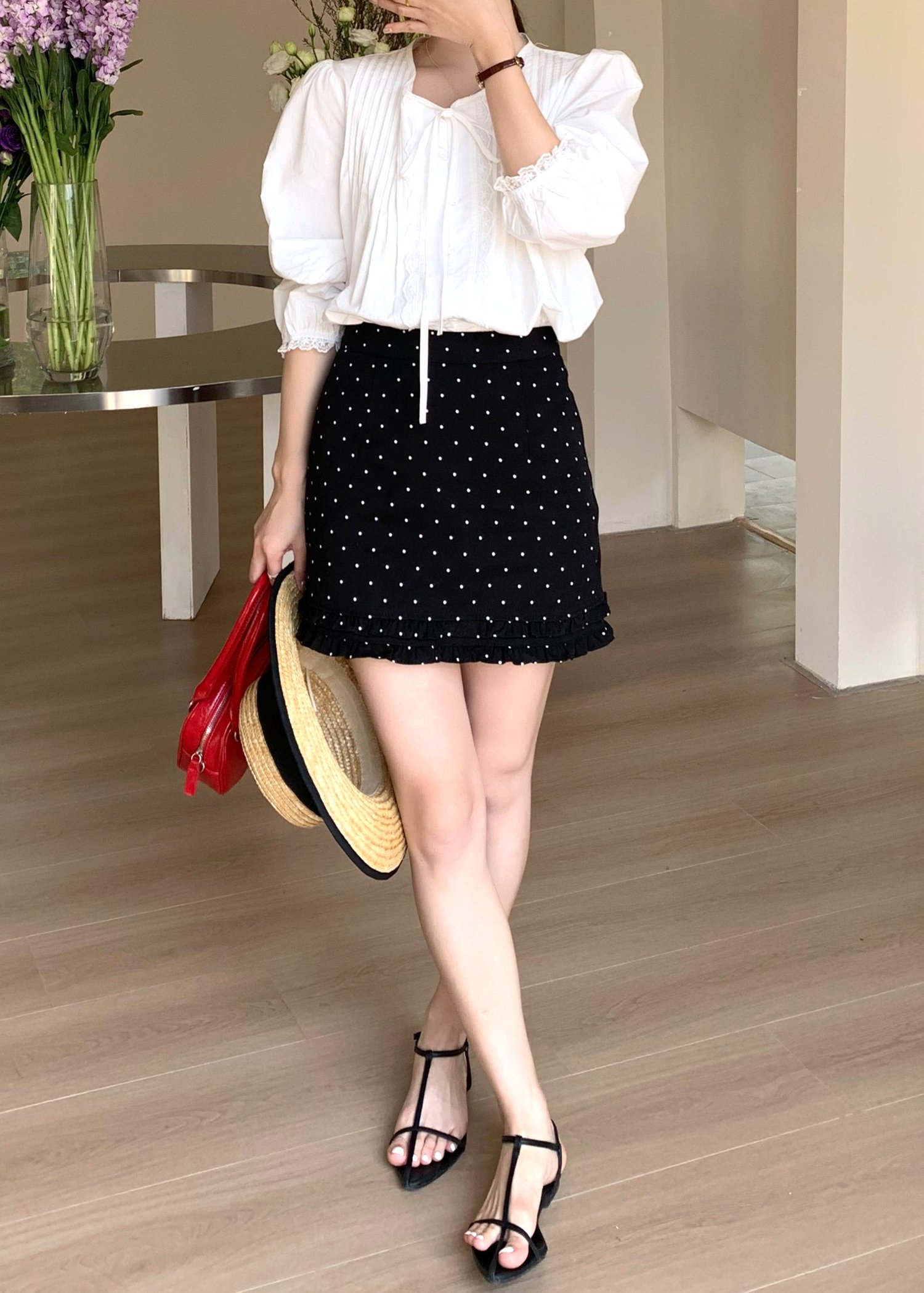 Chloe Polka Dot Ruffle Skort in Black