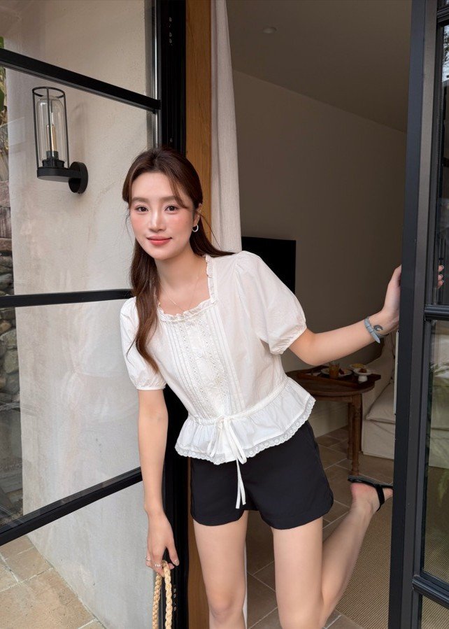 (BACKORDER) Helena Ribbon Lacey Blouse in White