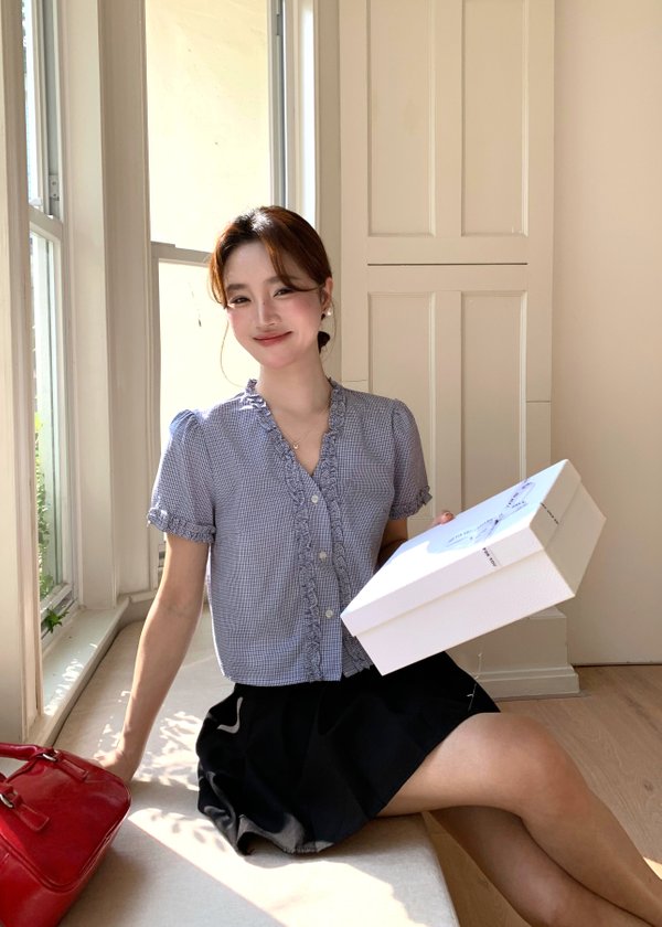 Leyra Checkered Ruffles Top in Blue