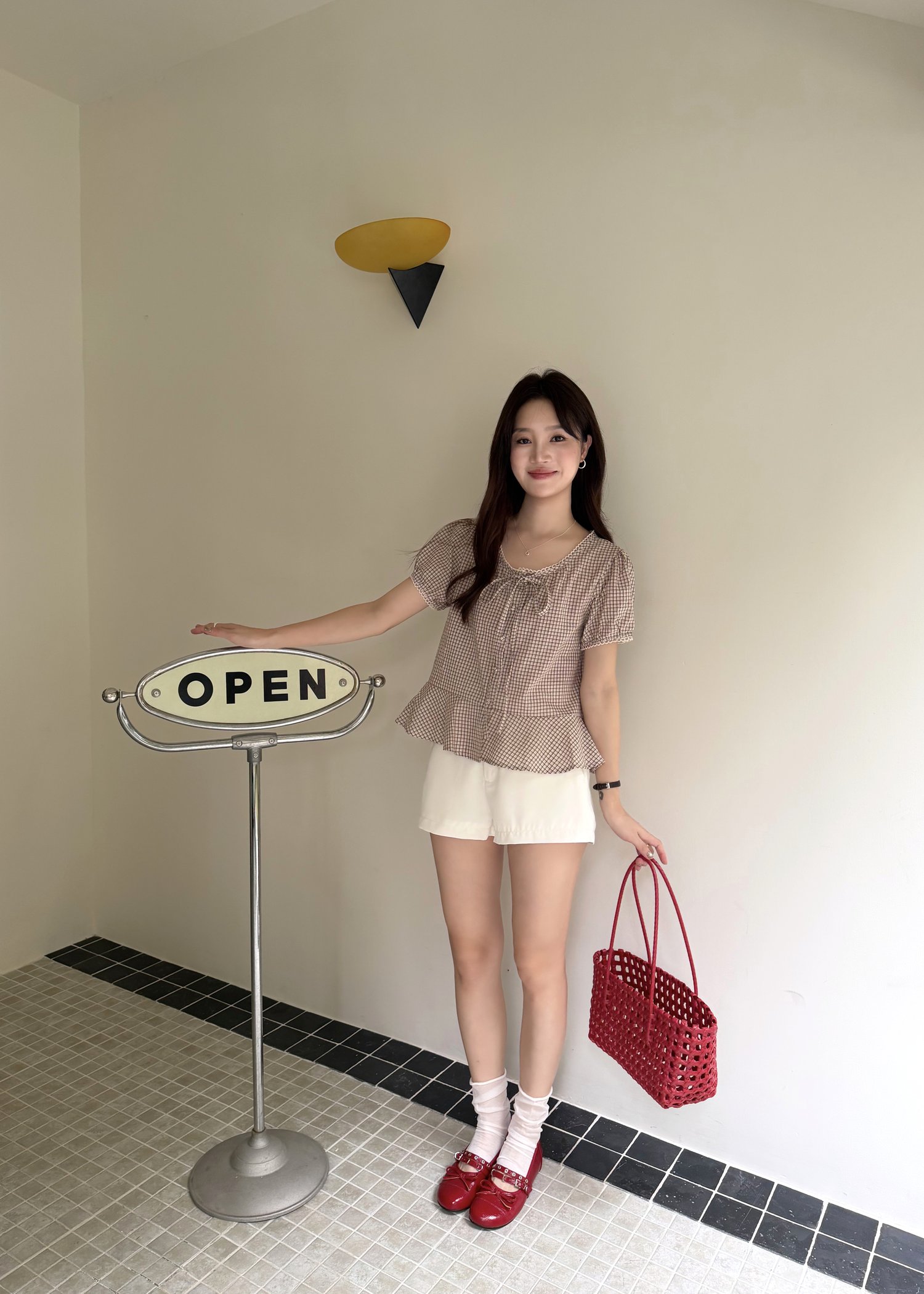 Elina Grid Flare Blouse in Pink Choco