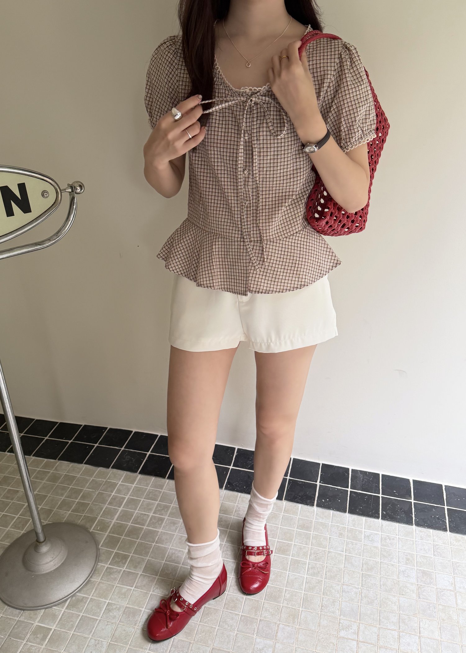 Elina Grid Flare Blouse in Pink Choco