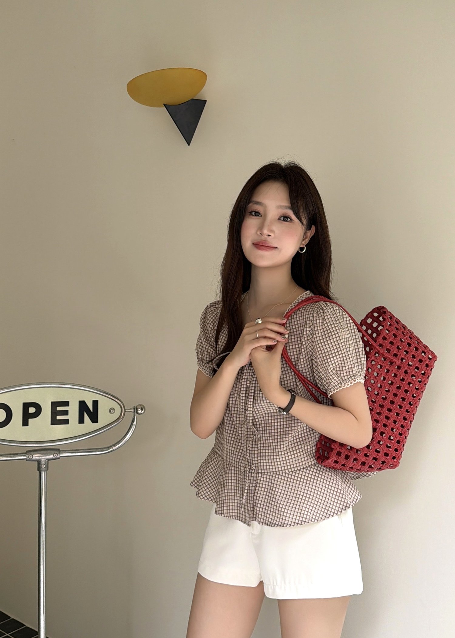 Elina Grid Flare Blouse in Pink Choco