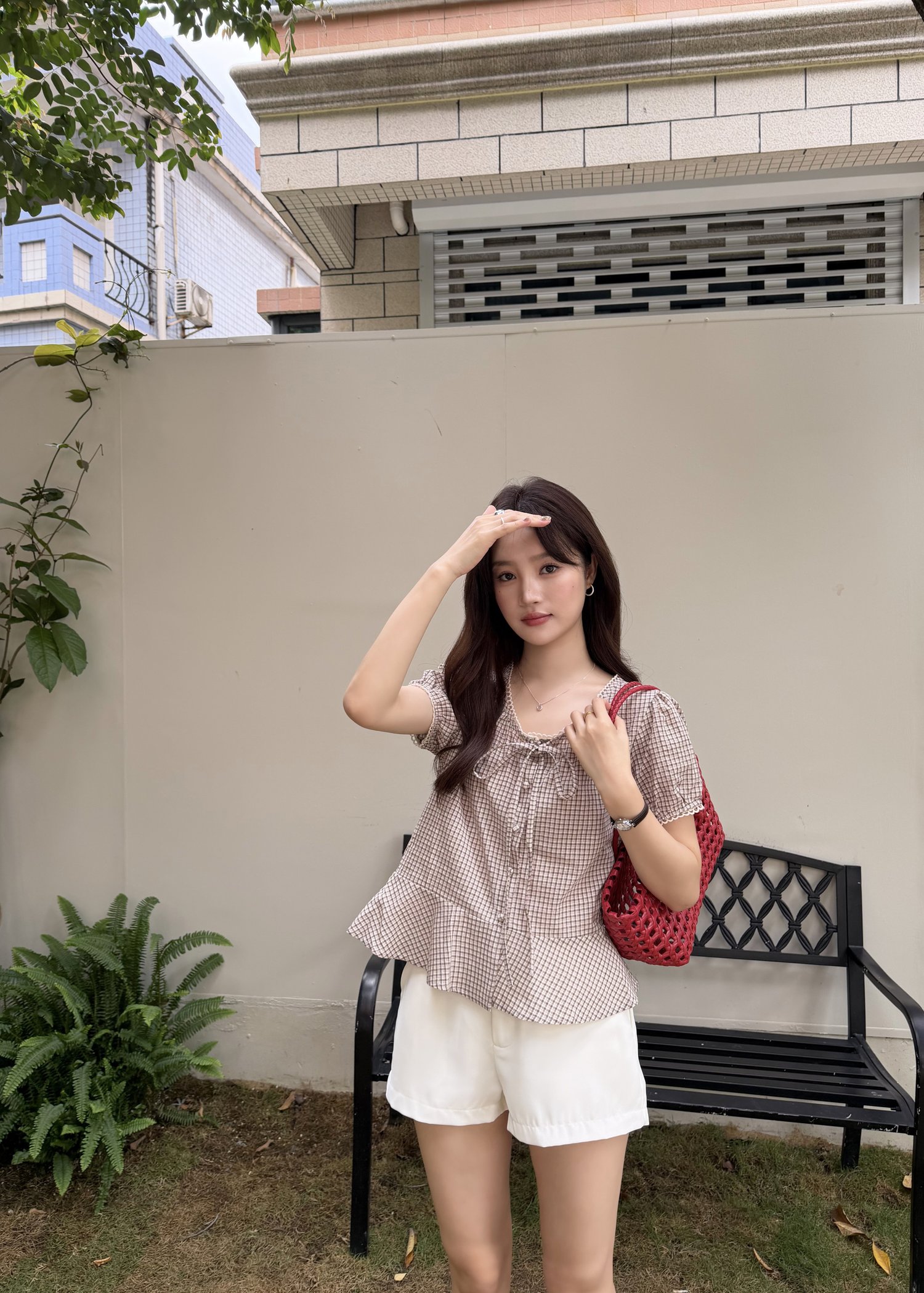 Elina Grid Flare Blouse in Pink Choco