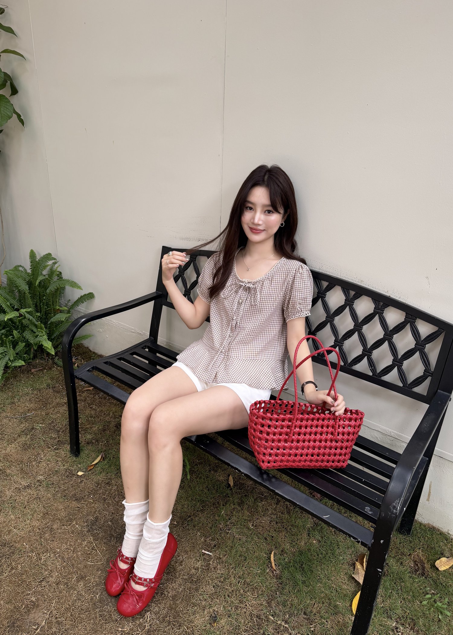 Elina Grid Flare Blouse in Pink Choco