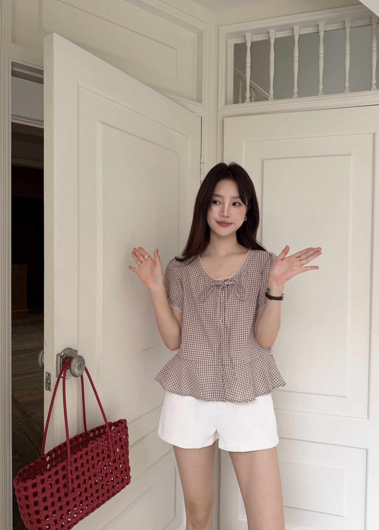 Elina Grid Flare Blouse in Pink Choco