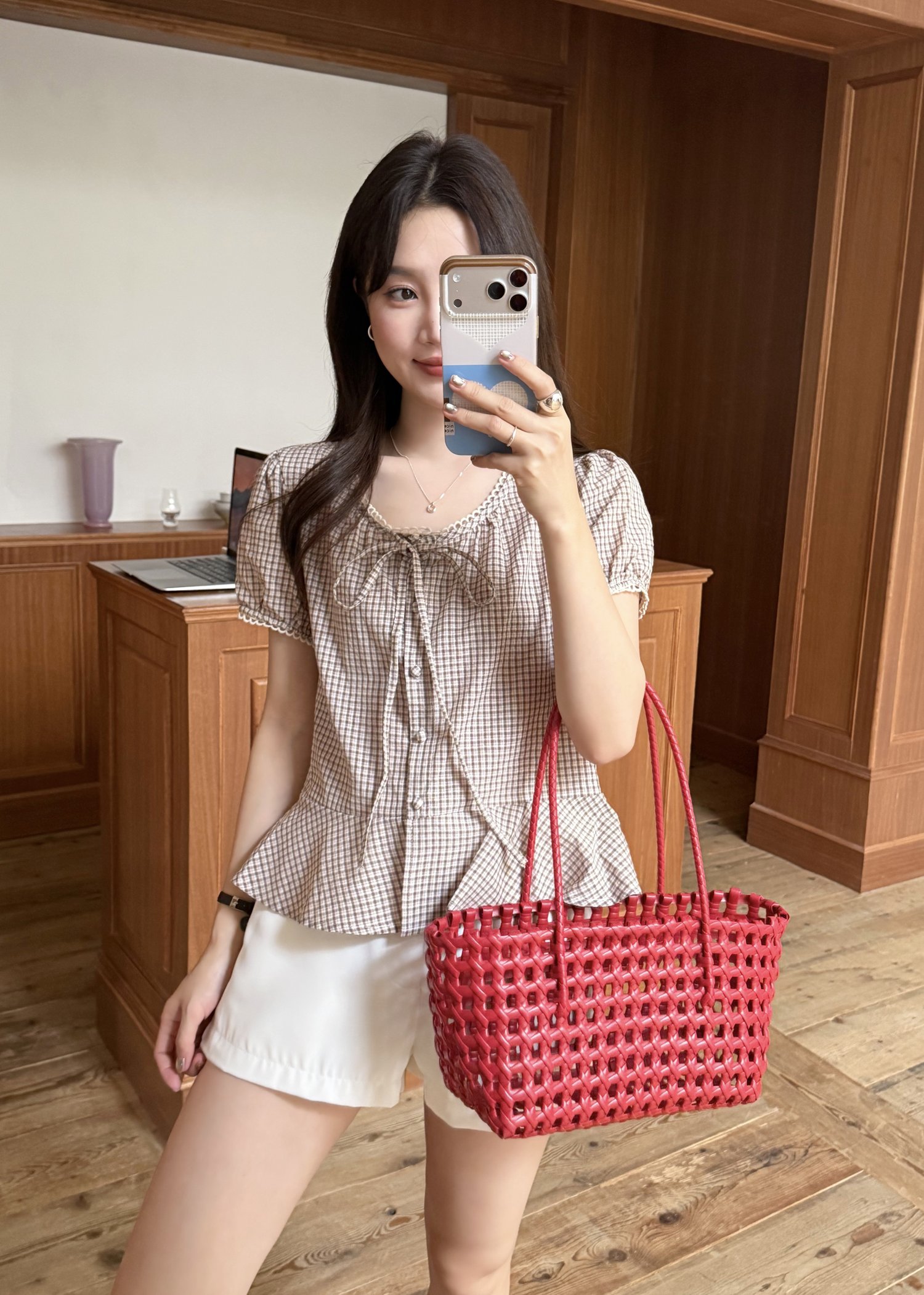 Elina Grid Flare Blouse in Pink Choco