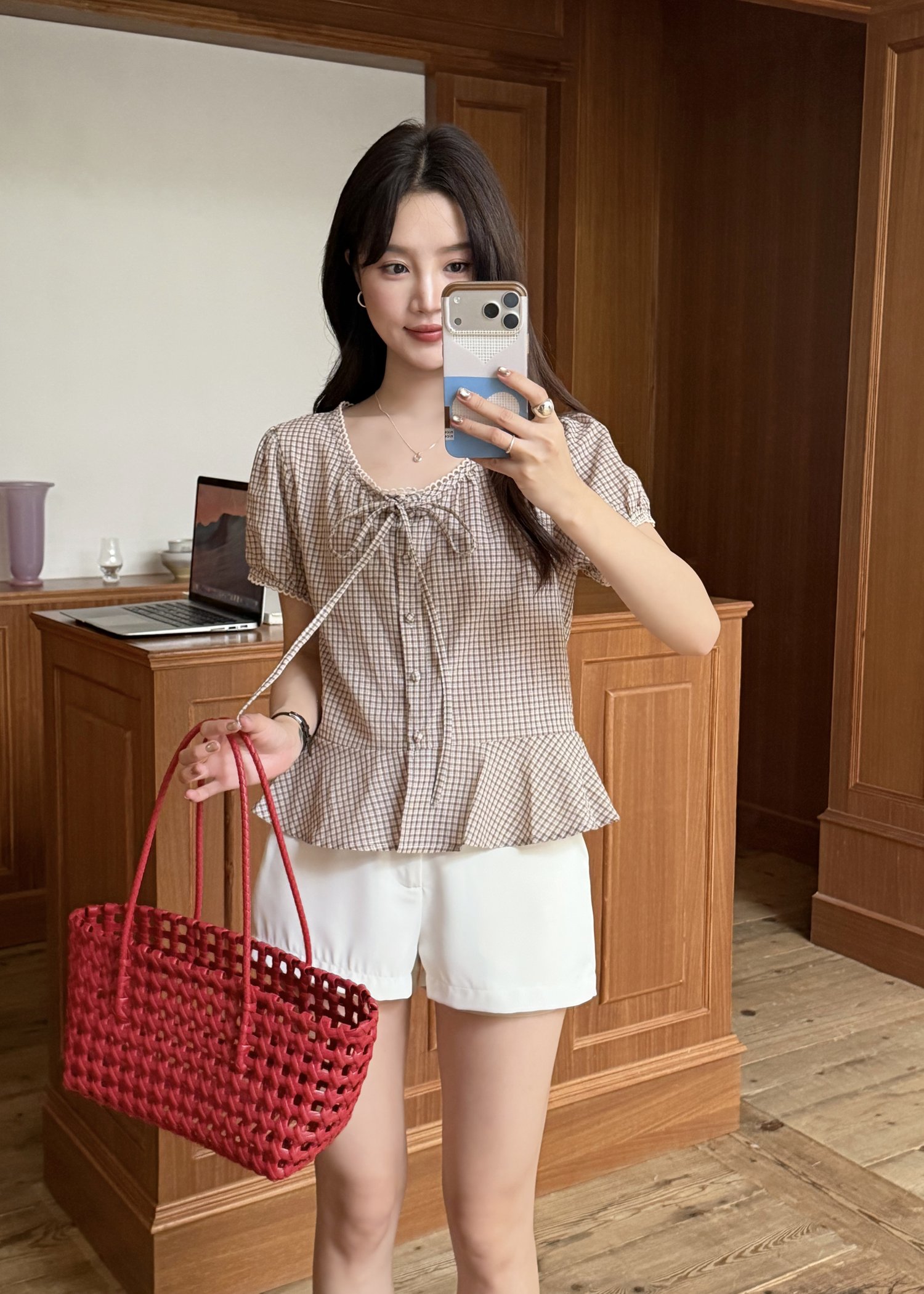 Elina Grid Flare Blouse in Pink Choco