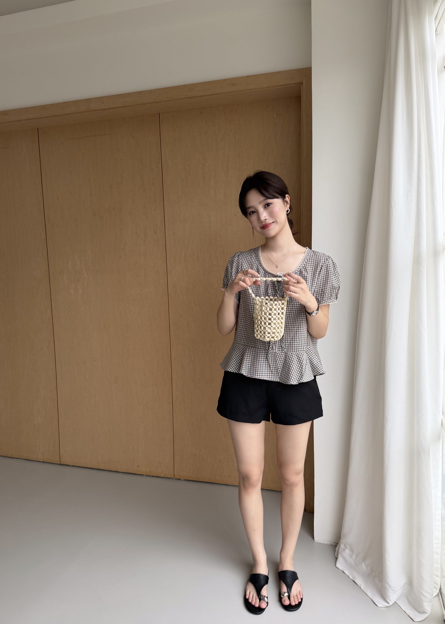 Elina Grid Flare Blouse in Navy Choco