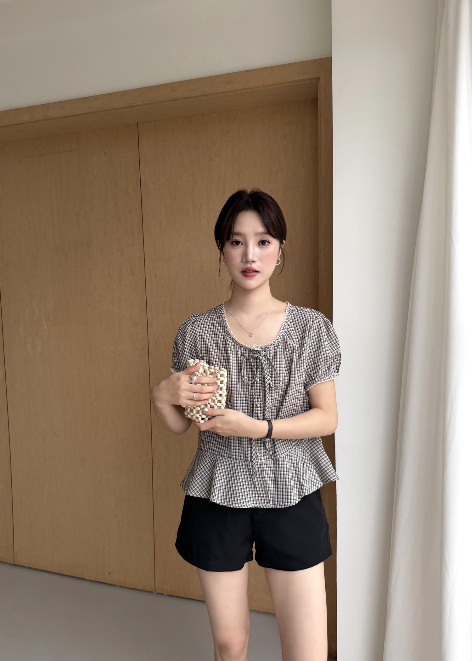 Elina Grid Flare Blouse in Navy Choco