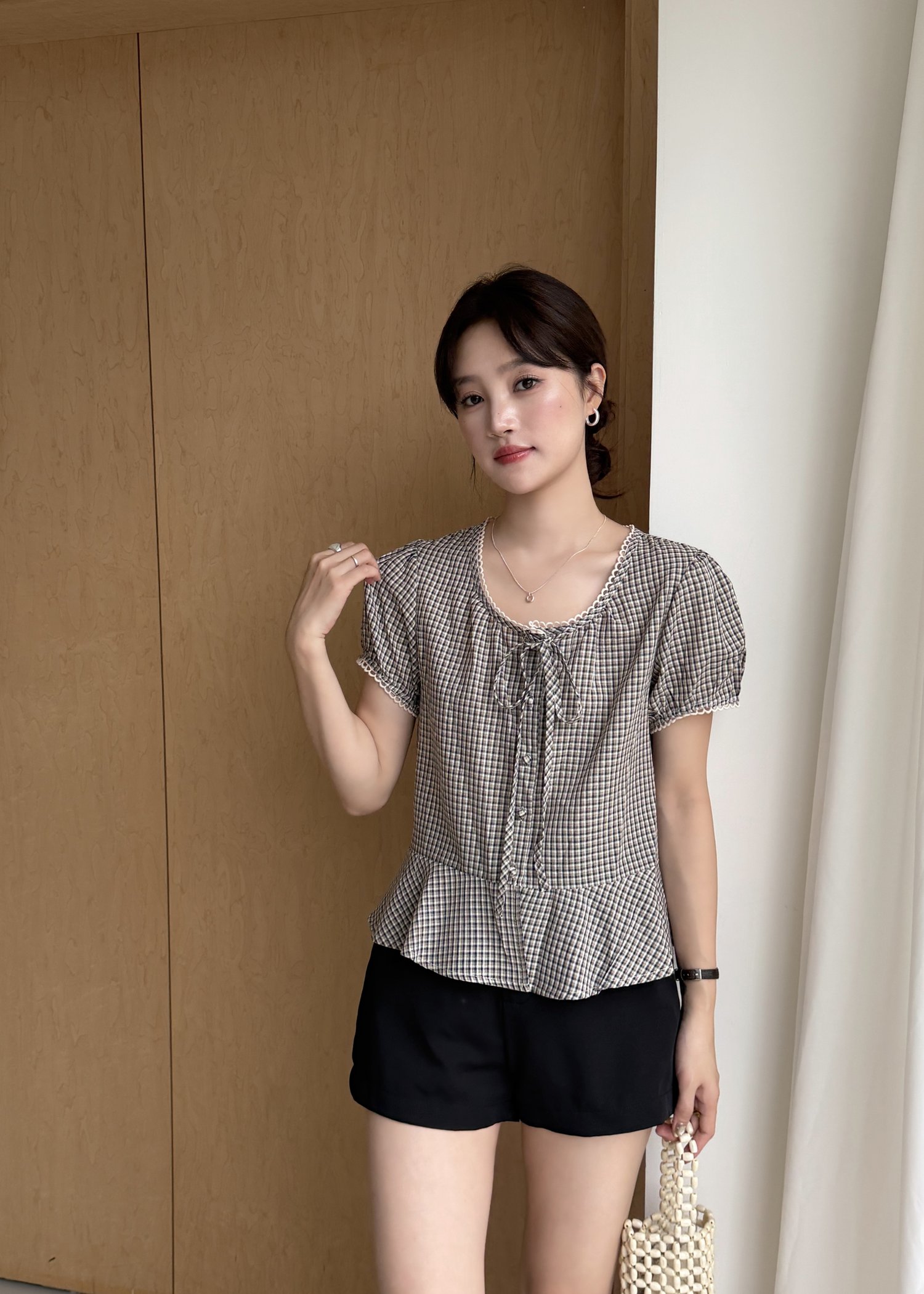 Elina Grid Flare Blouse in Navy Choco