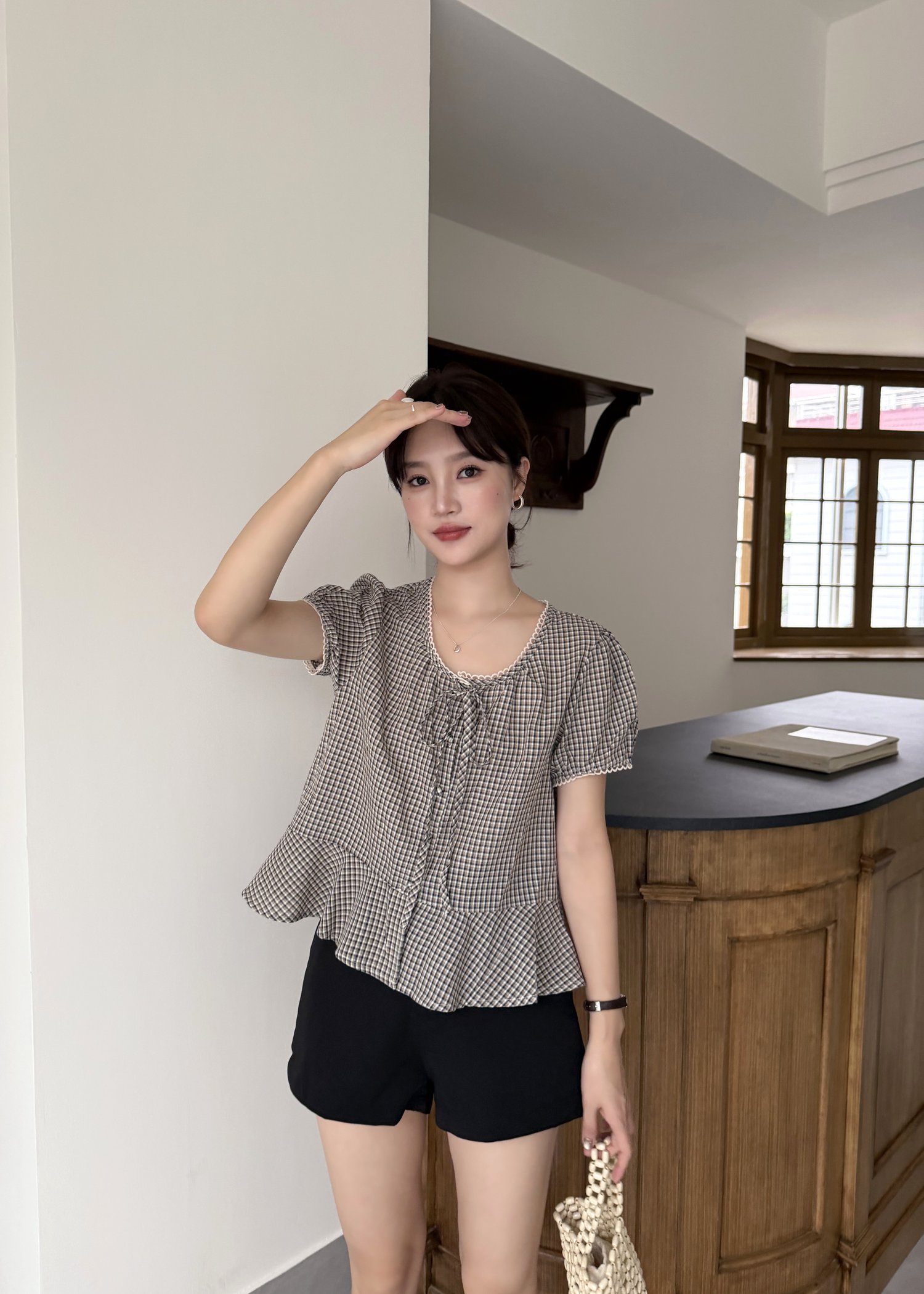 Elina Grid Flare Blouse in Navy Choco