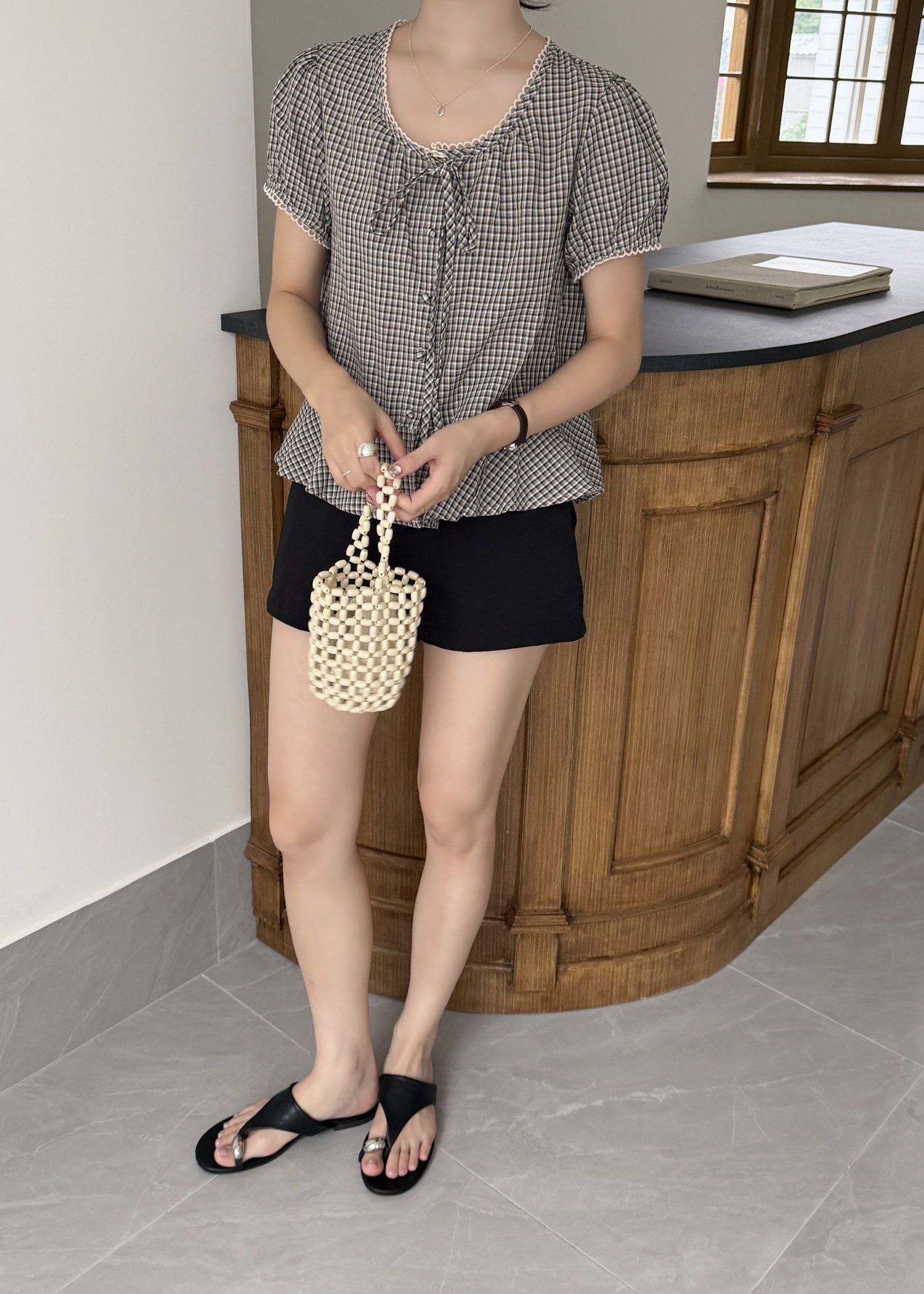 Elina Grid Flare Blouse in Navy Choco