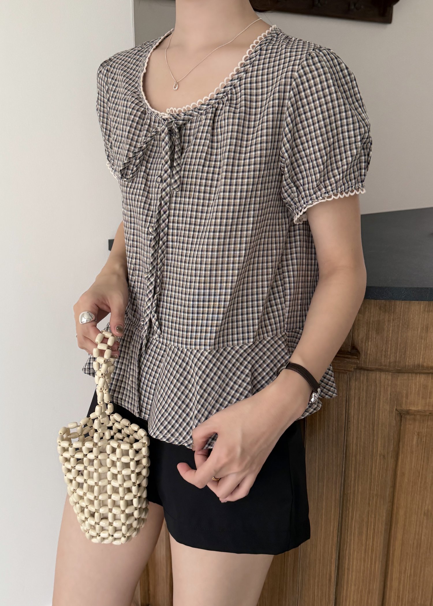 Elina Grid Flare Blouse in Navy Choco