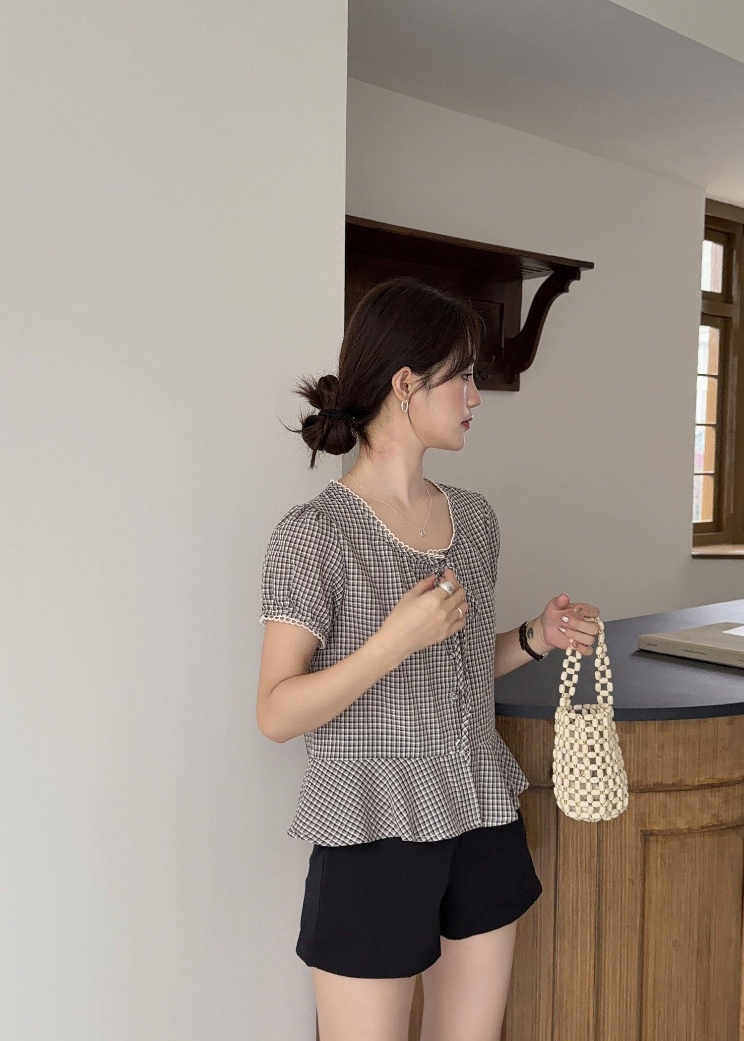 Elina Grid Flare Blouse in Navy Choco