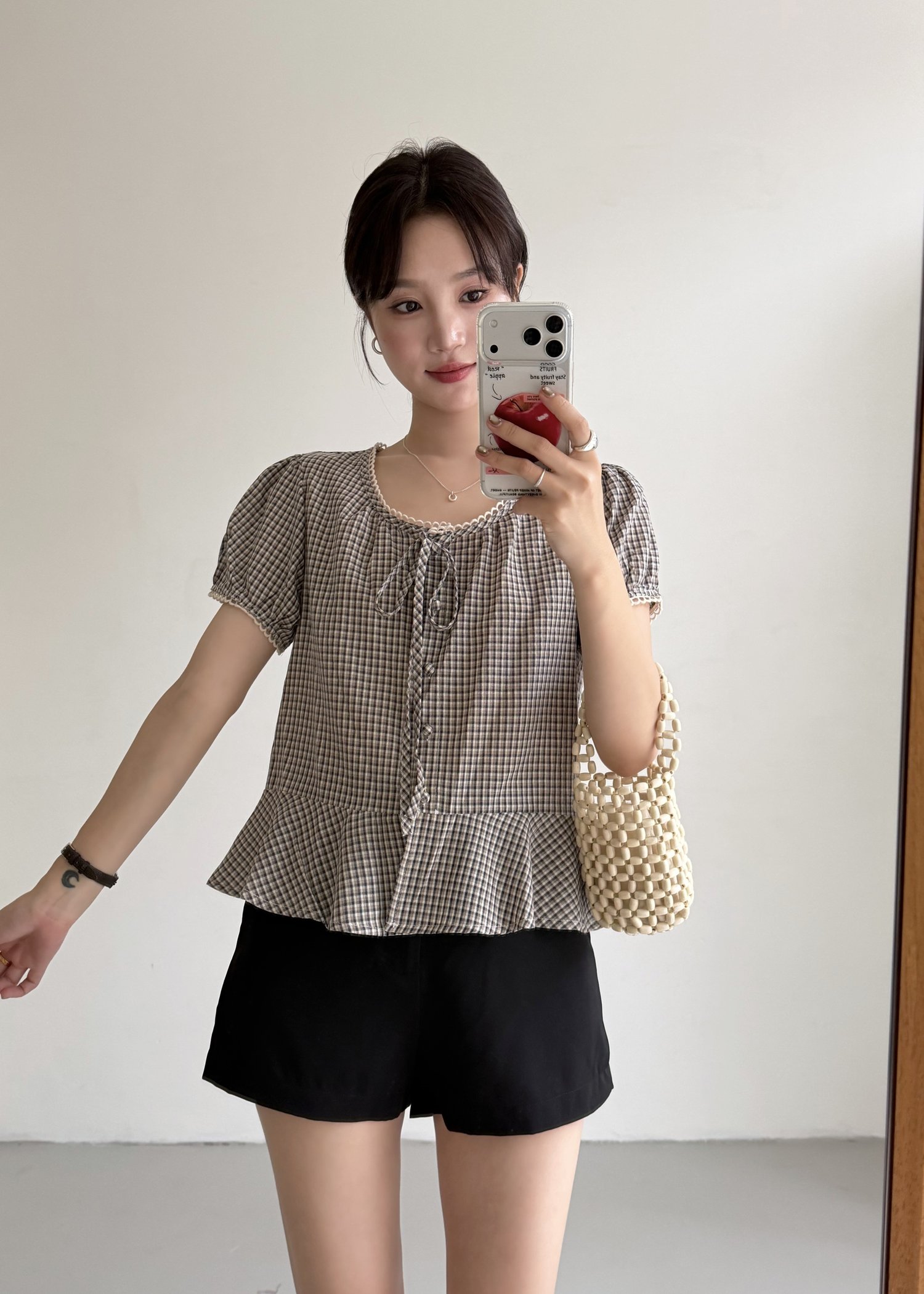 Elina Grid Flare Blouse in Navy Choco