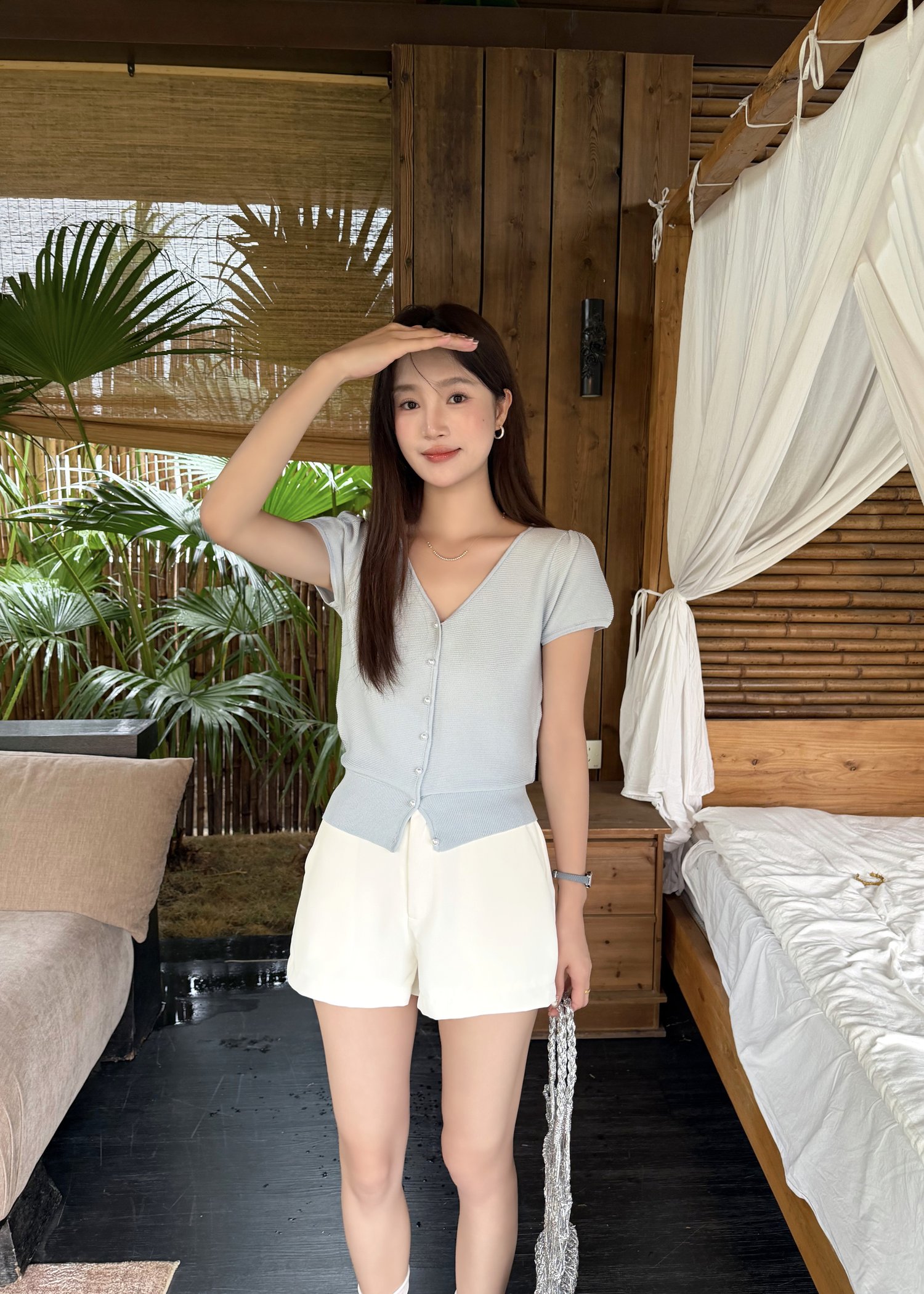 Liana Pearl Buttoned Knit in Baby Blue